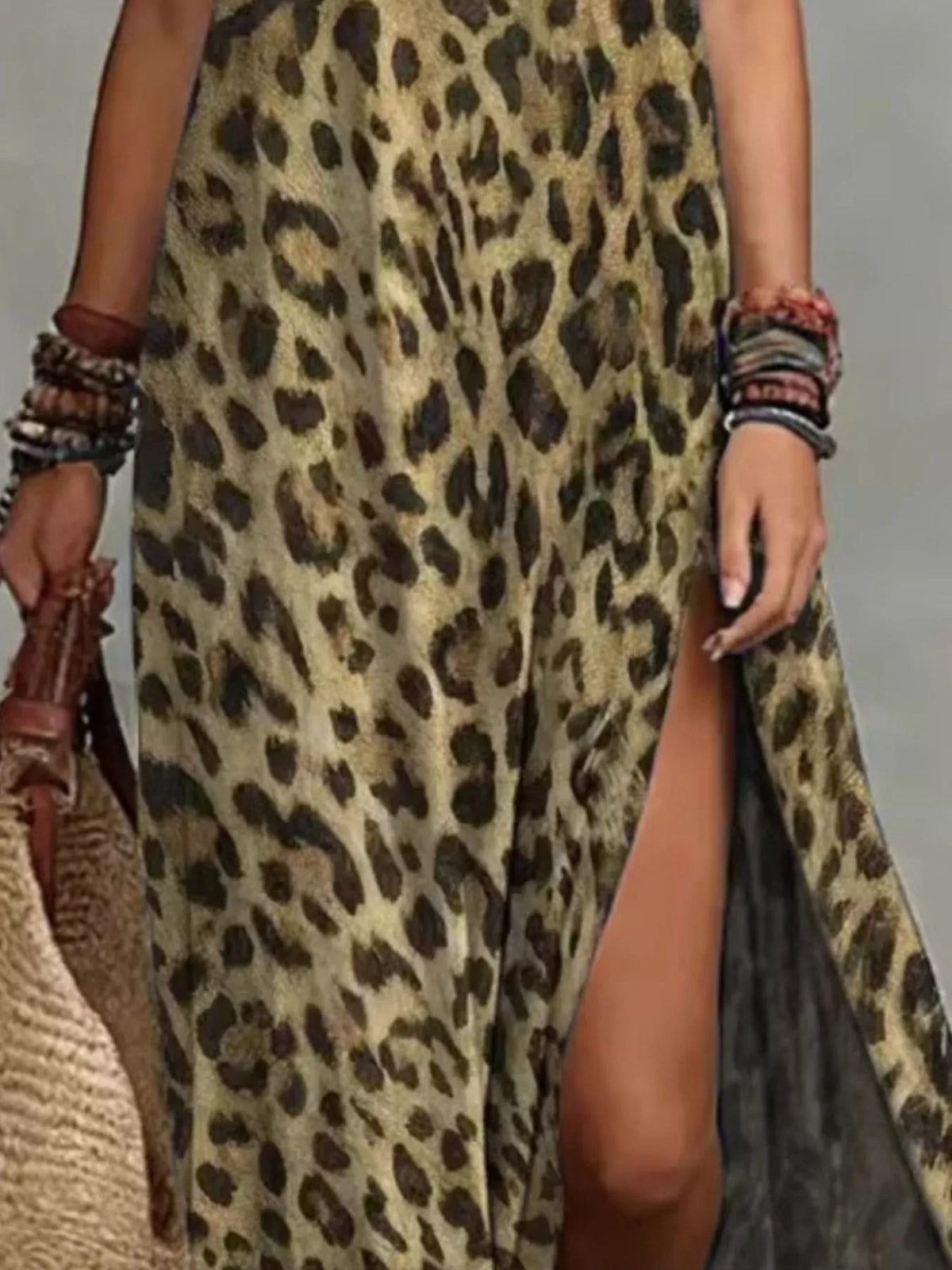 Leopard Print Sleeveless Maxi Dress with Side Slit