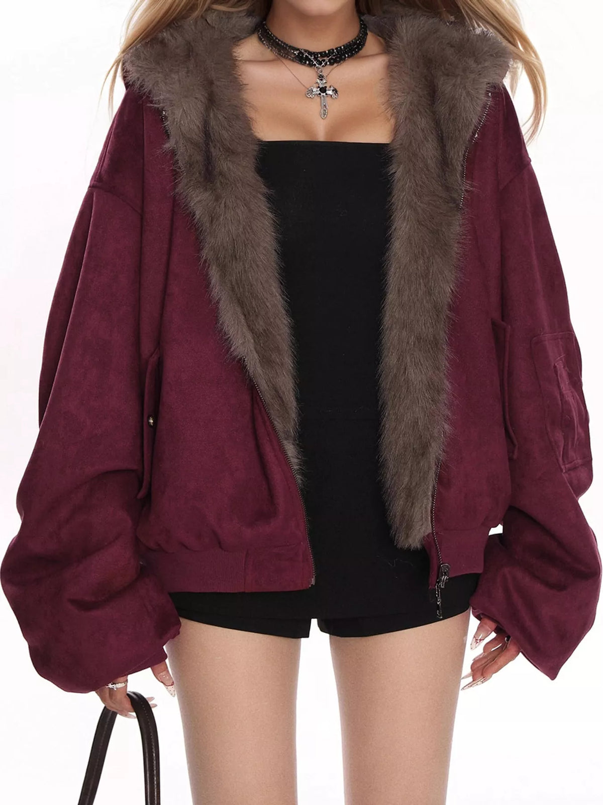 Oversized Faux Fur Trimmed Suede Bomber Jacket