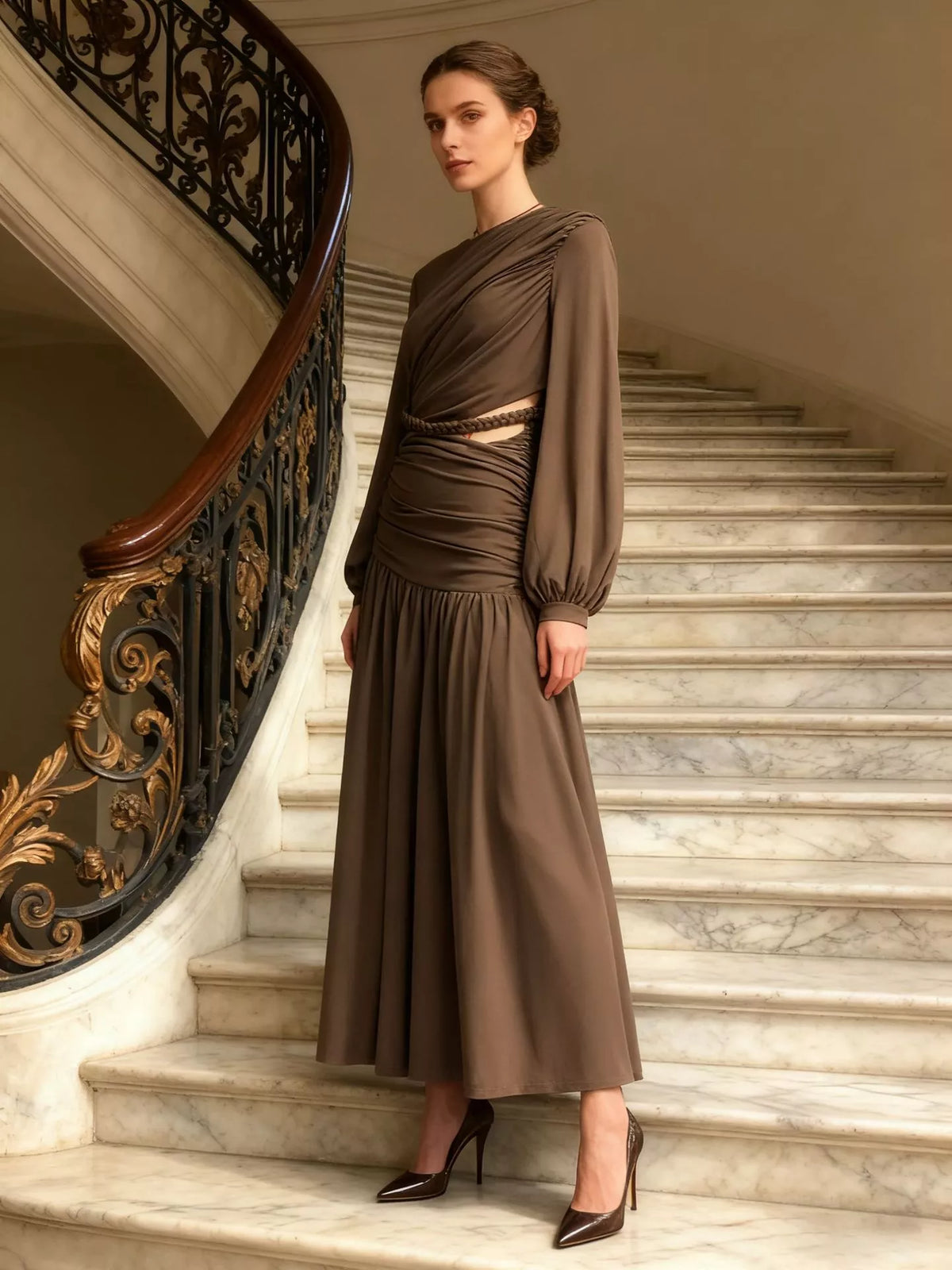 Ruched Long-Sleeve Maxi Dress in Brown