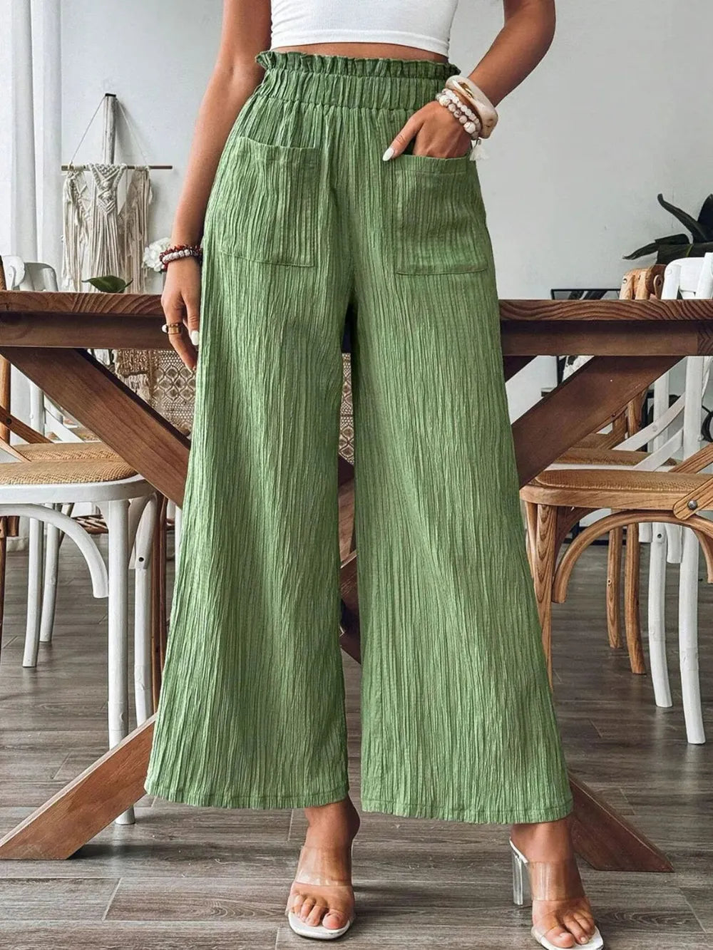 Elastic Waist Wide Leg Pants with Pockets