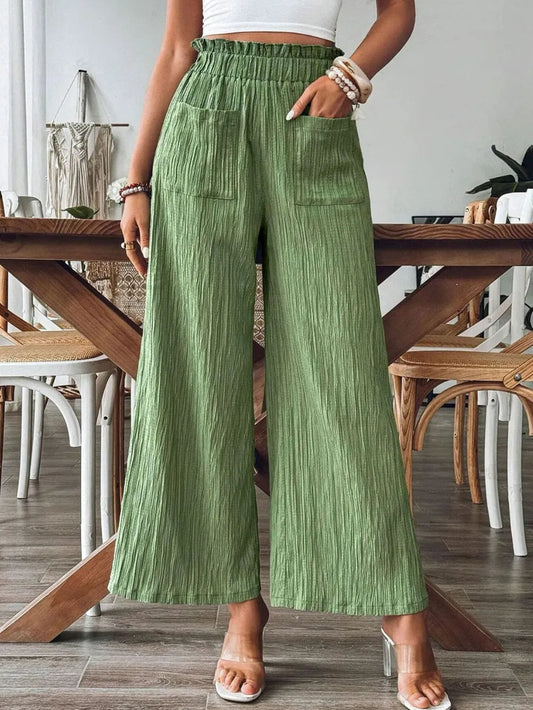 Elastic Waist Wide Leg Pants with Pockets