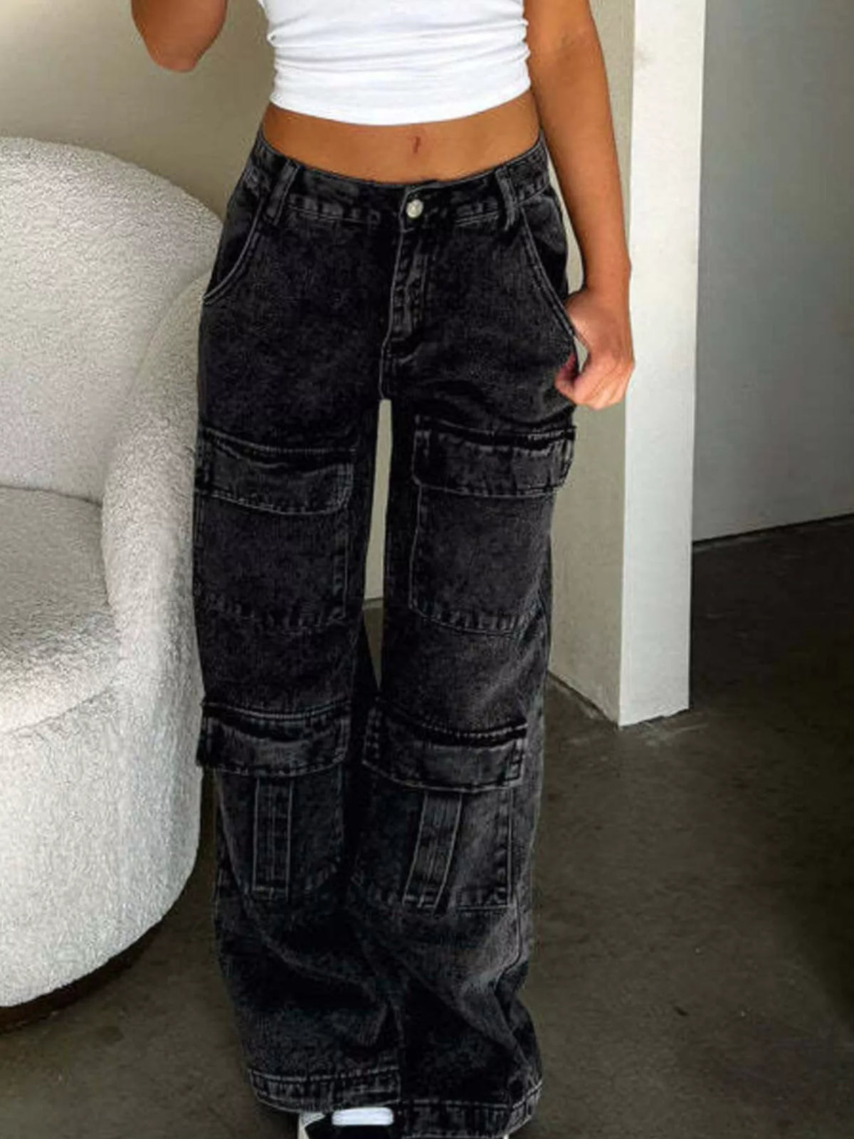 Zip-Front High-Waisted Wide-Leg Cargo Jeans by Dreamy Drapes