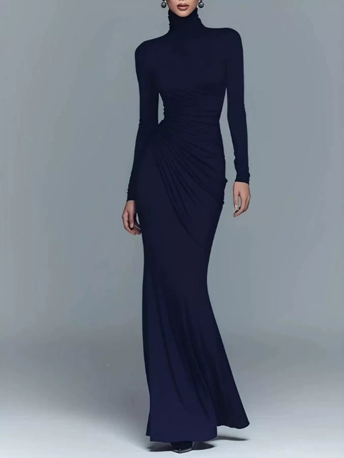 Turtleneck Long Sleeve Ruched Maxi Dress