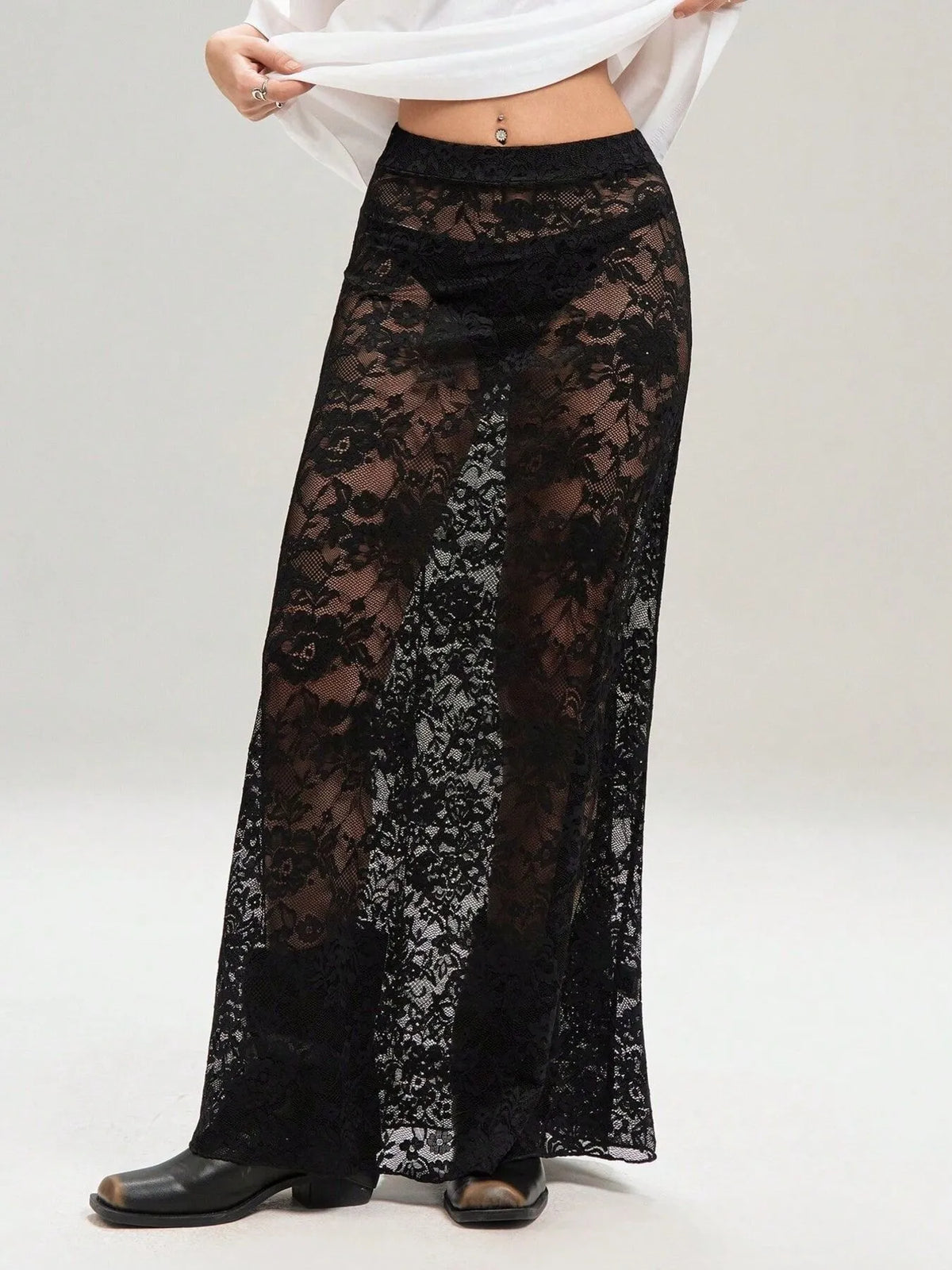 Sheer Lace Maxi Skirt in Black