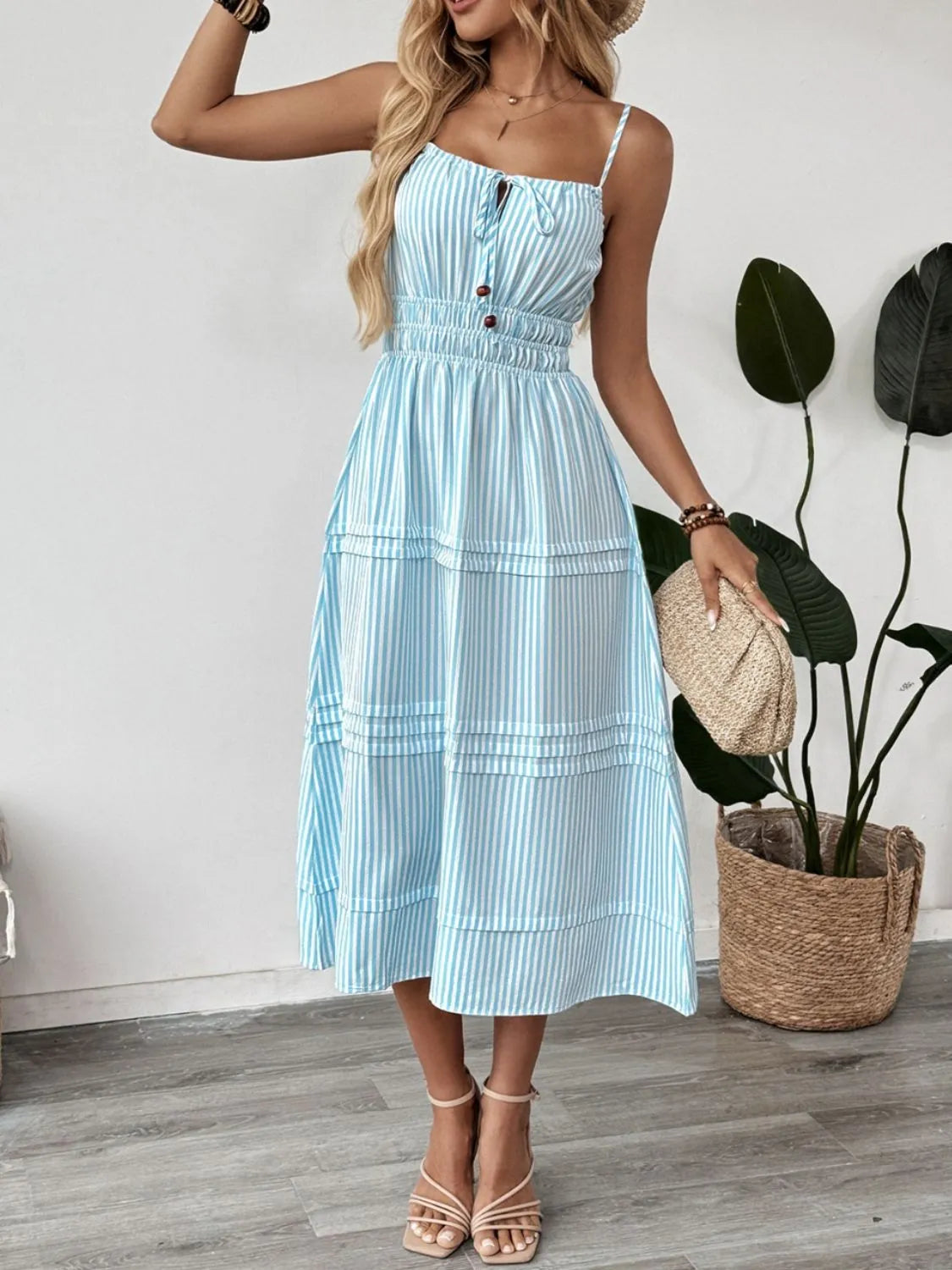 Striped Spaghetti Strap Midi Dress in Pastel Blue in Pastel  Blue