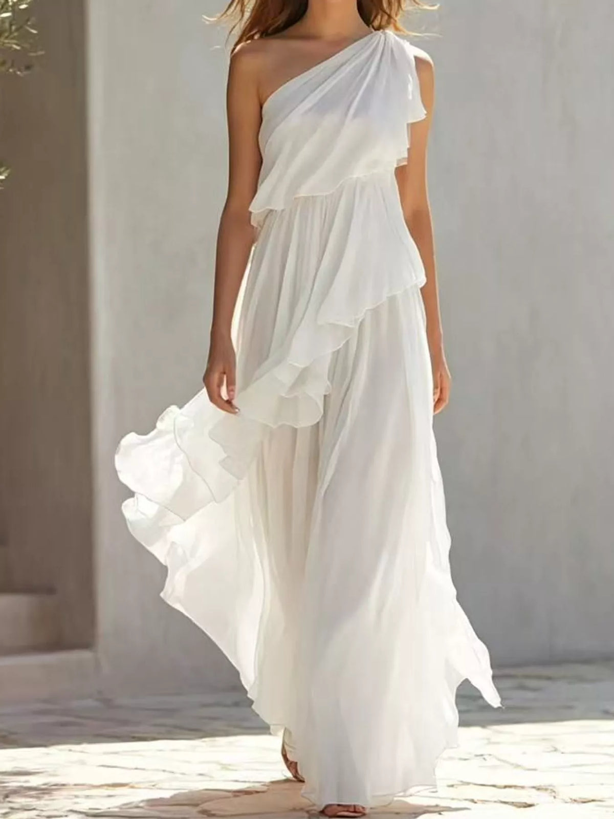 One-Shoulder Ruffled Chiffon Maxi Dress