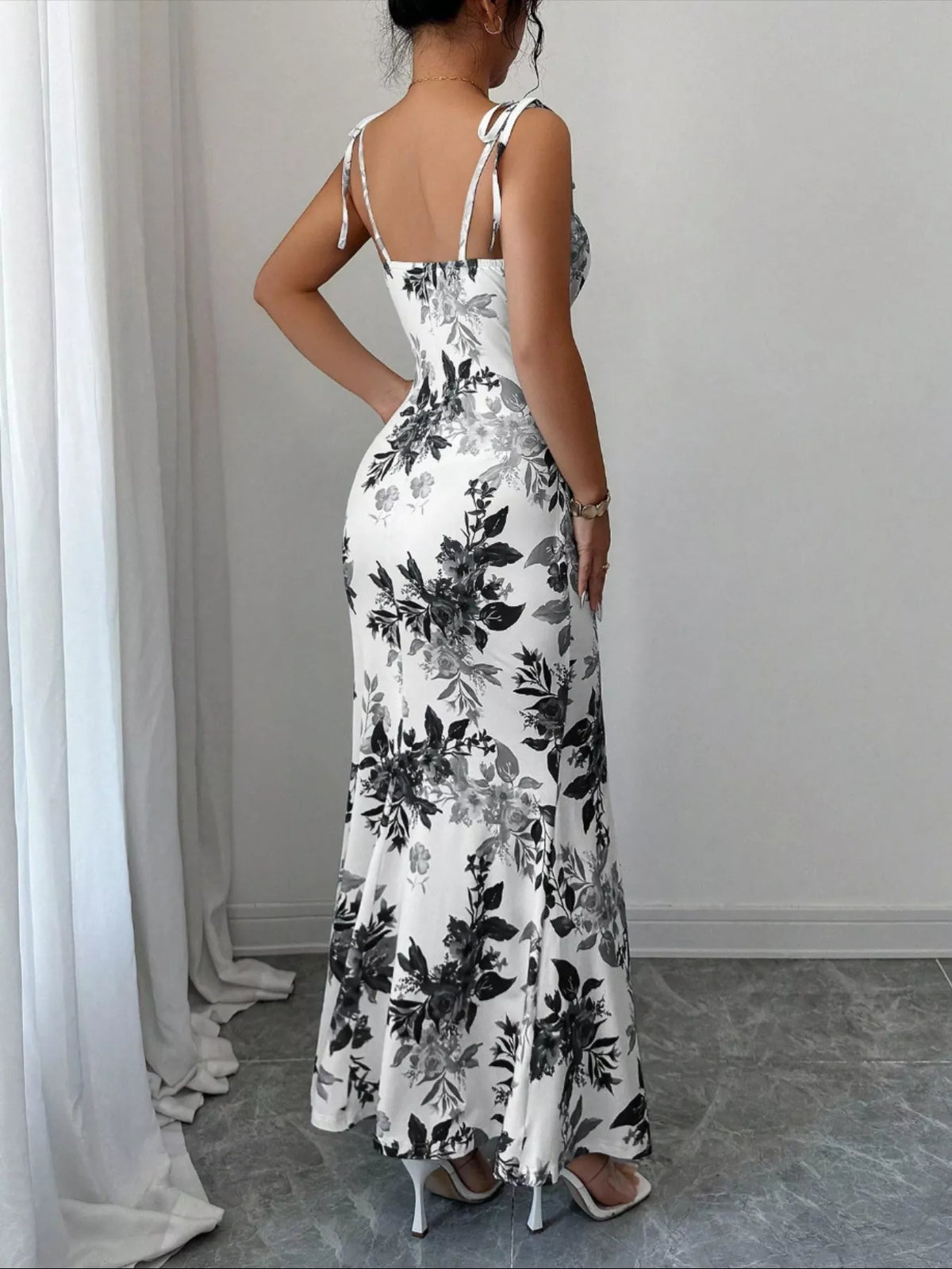 Printed Tie Strap Maxi Dress with Slit