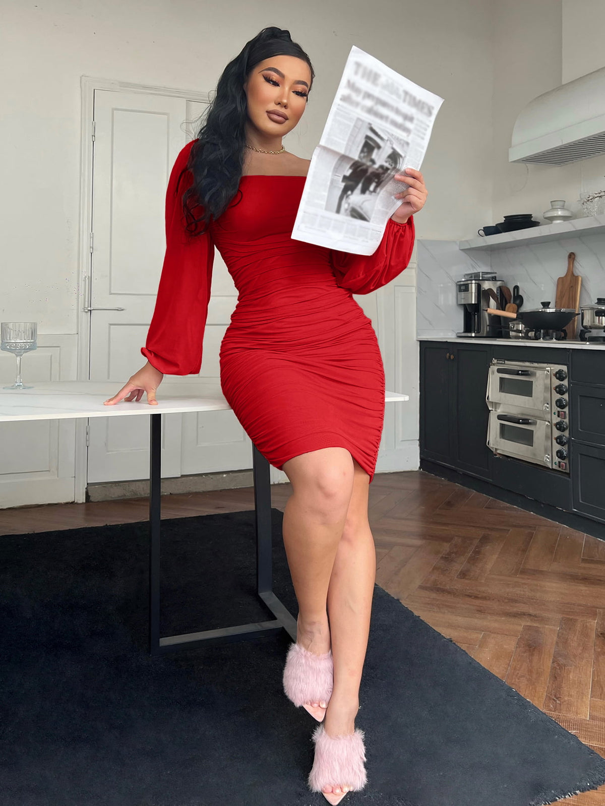 Ruched Bodycon Dress in Red by Jubilair