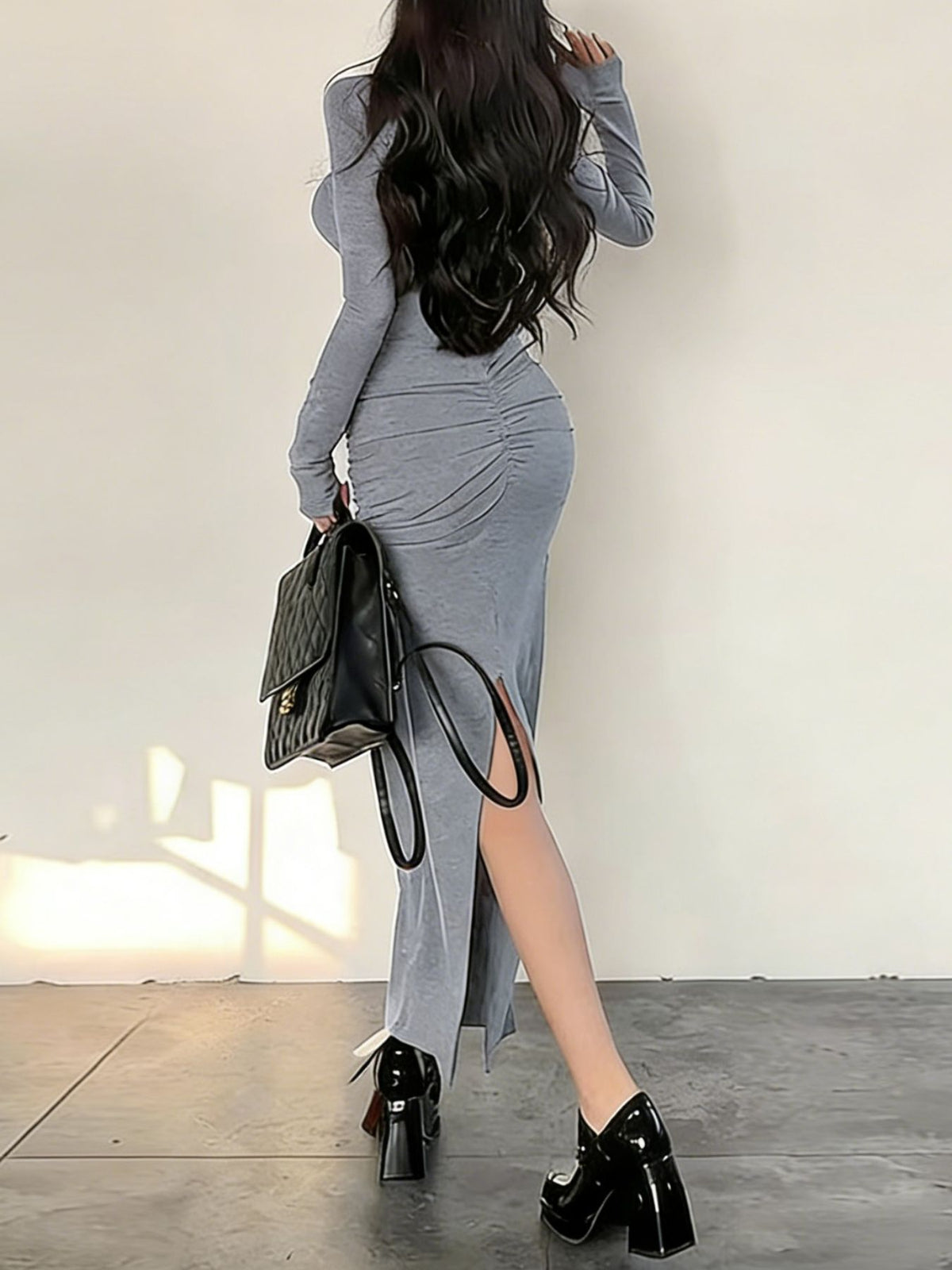 Long-Sleeve Ruched Bodycon Maxi Dress