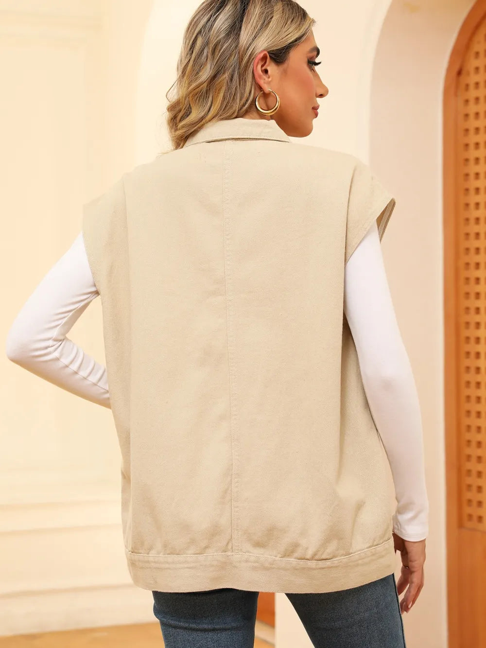 Pocketed Button Up Sleeveless Denim Jacket by Manny