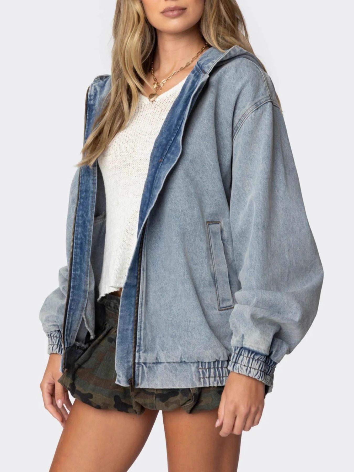 Hooded Oversized Zip-Up Denim Jacket in Light Blue by Dreamy Drapes
