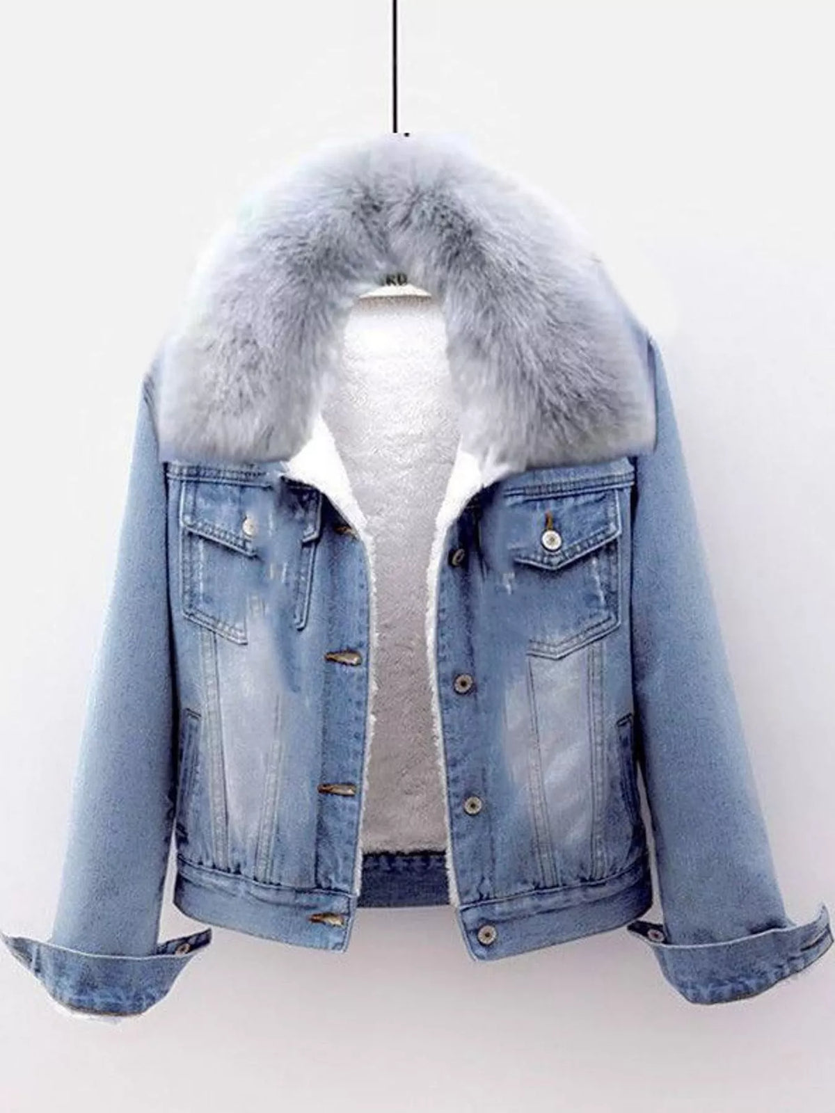 Sherpa-Lined Distressed Denim Jacket