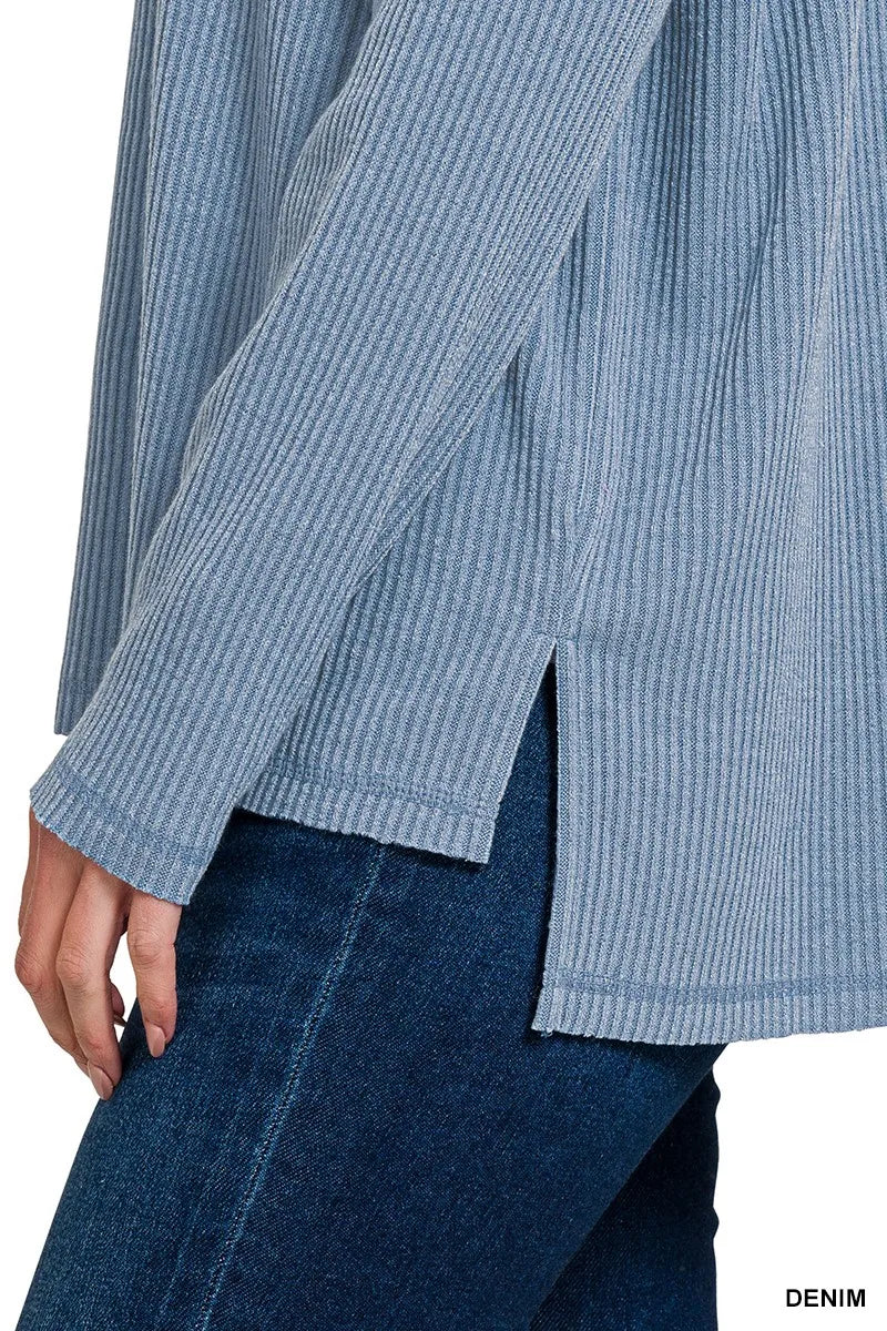 Zenana Ribbed Drop Shoulder Sweater in Denim