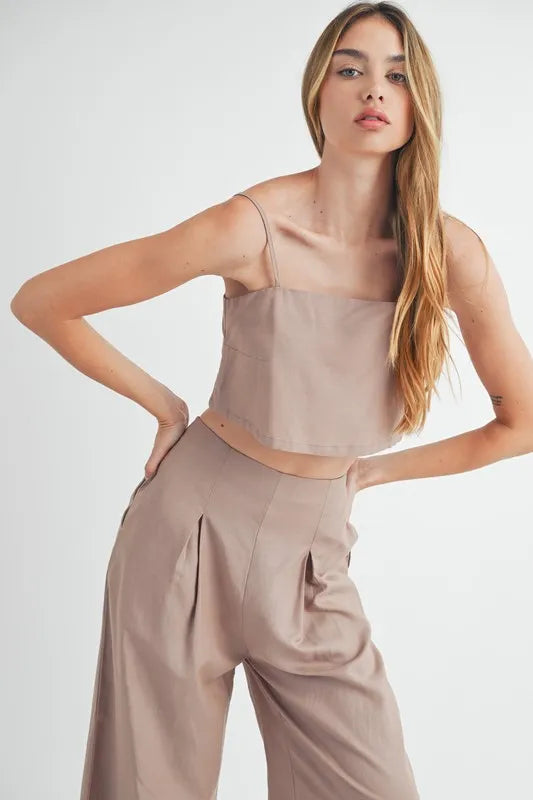 Linen Mix Crop Cami & Wide Leg Pants Set in Mocha