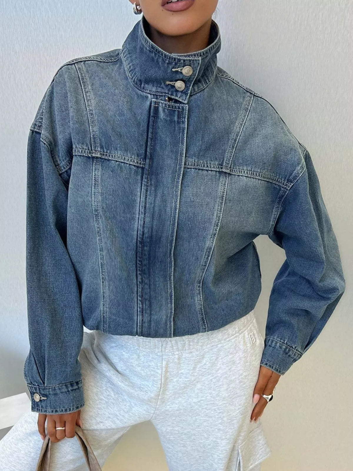 Washed Stand-Up Collar Denim Jacket in Blue