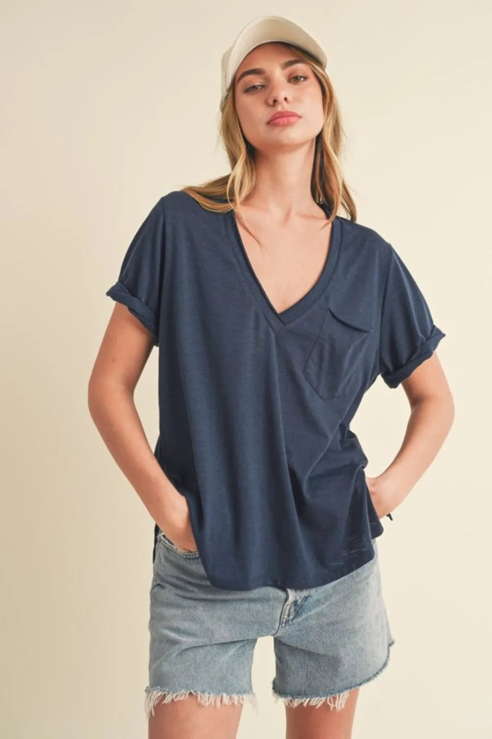 Side Slit V-Neck T-Shirt in Dark Navy