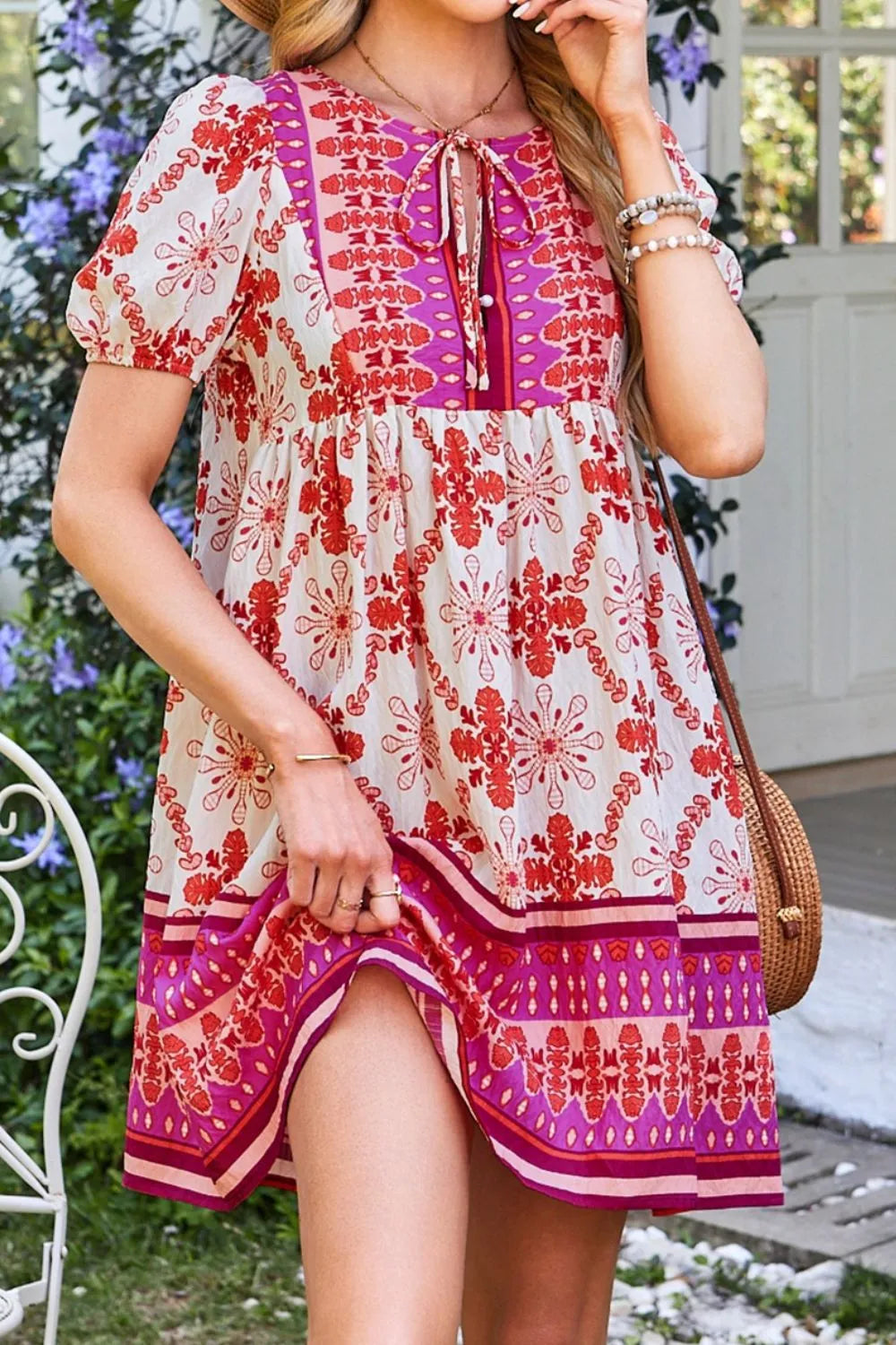 Hot Pink Boho Floral Tie-Neck Mini Dress