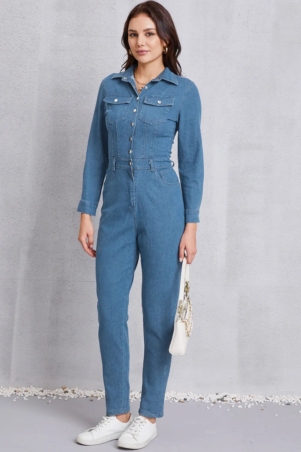 Snap-Down Denim Jumpsuit in Medium Wash by DE.C.H & K.M