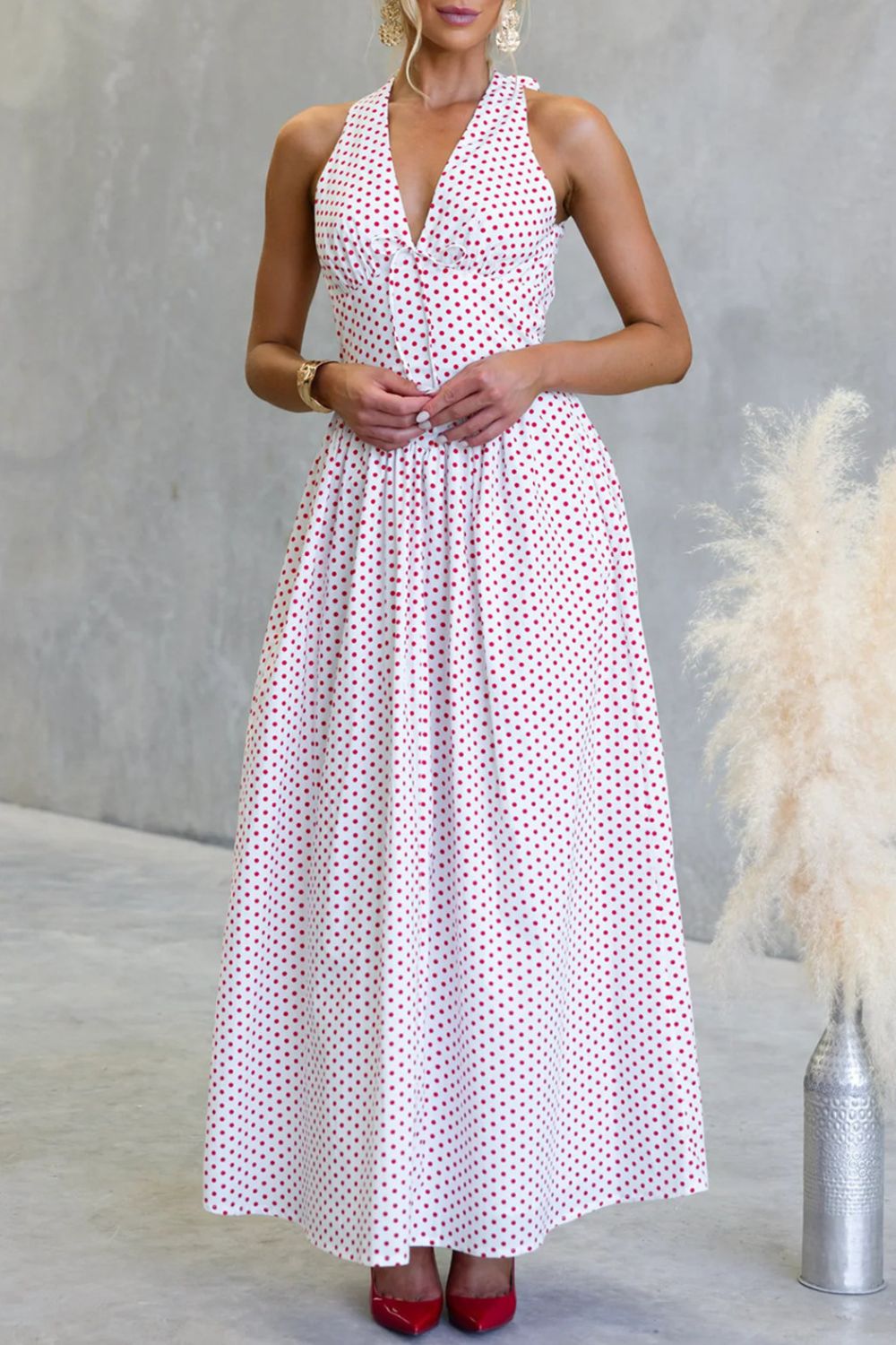 Backless Polka Dot Halter Maxi Dress