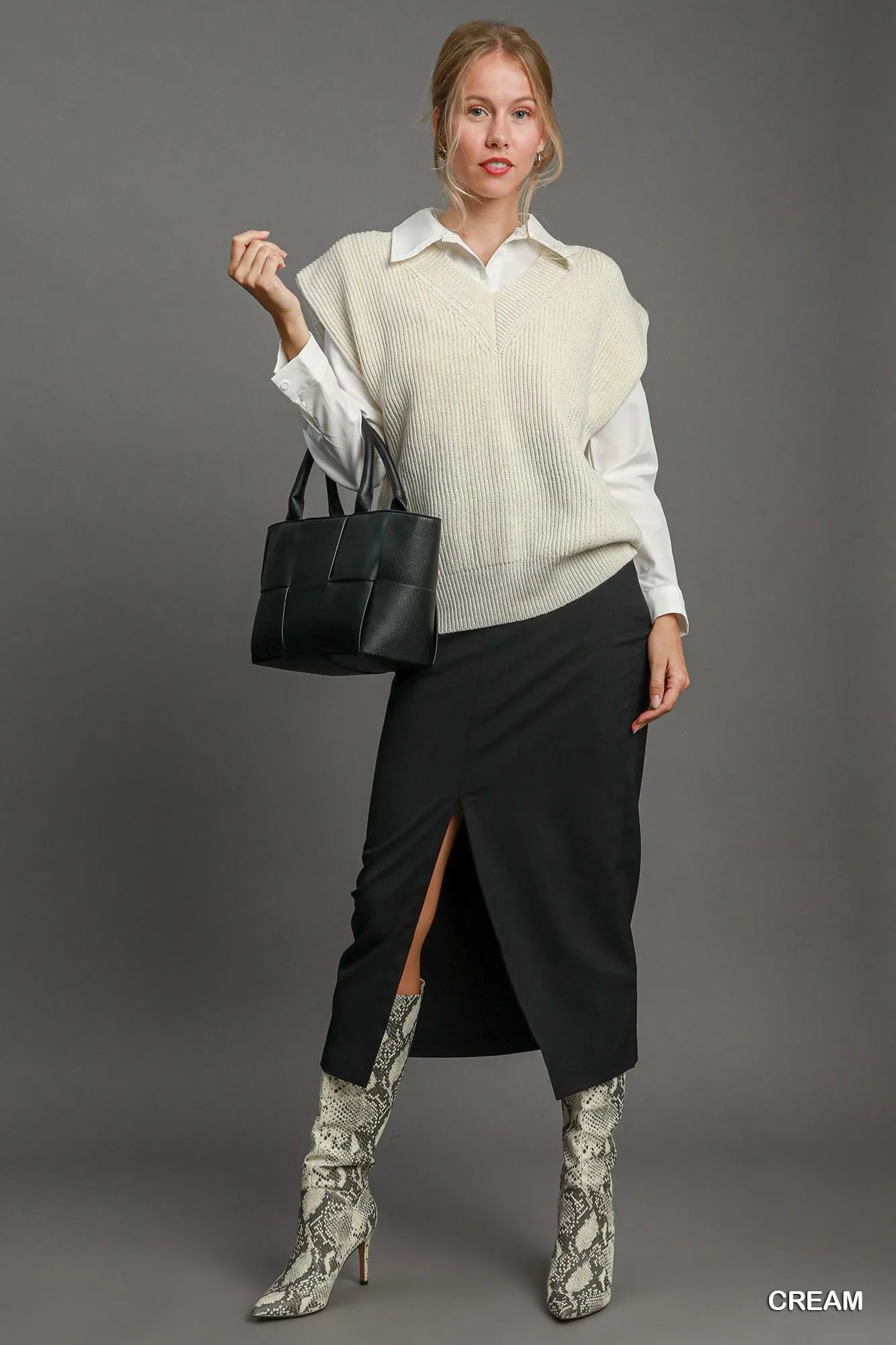 Umgee Oversized V-Neck Sweater Vest in Cream
