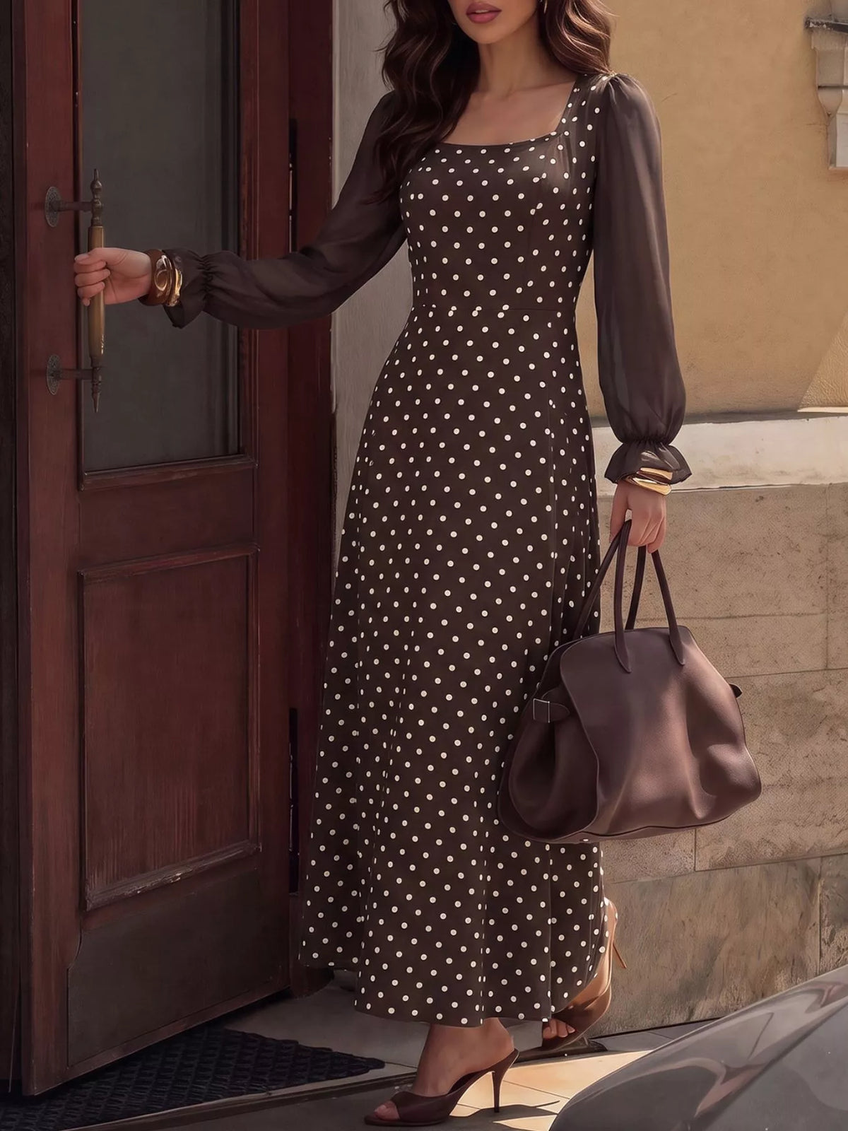 Polka Dot Square Neck Maxi Dress in Brown