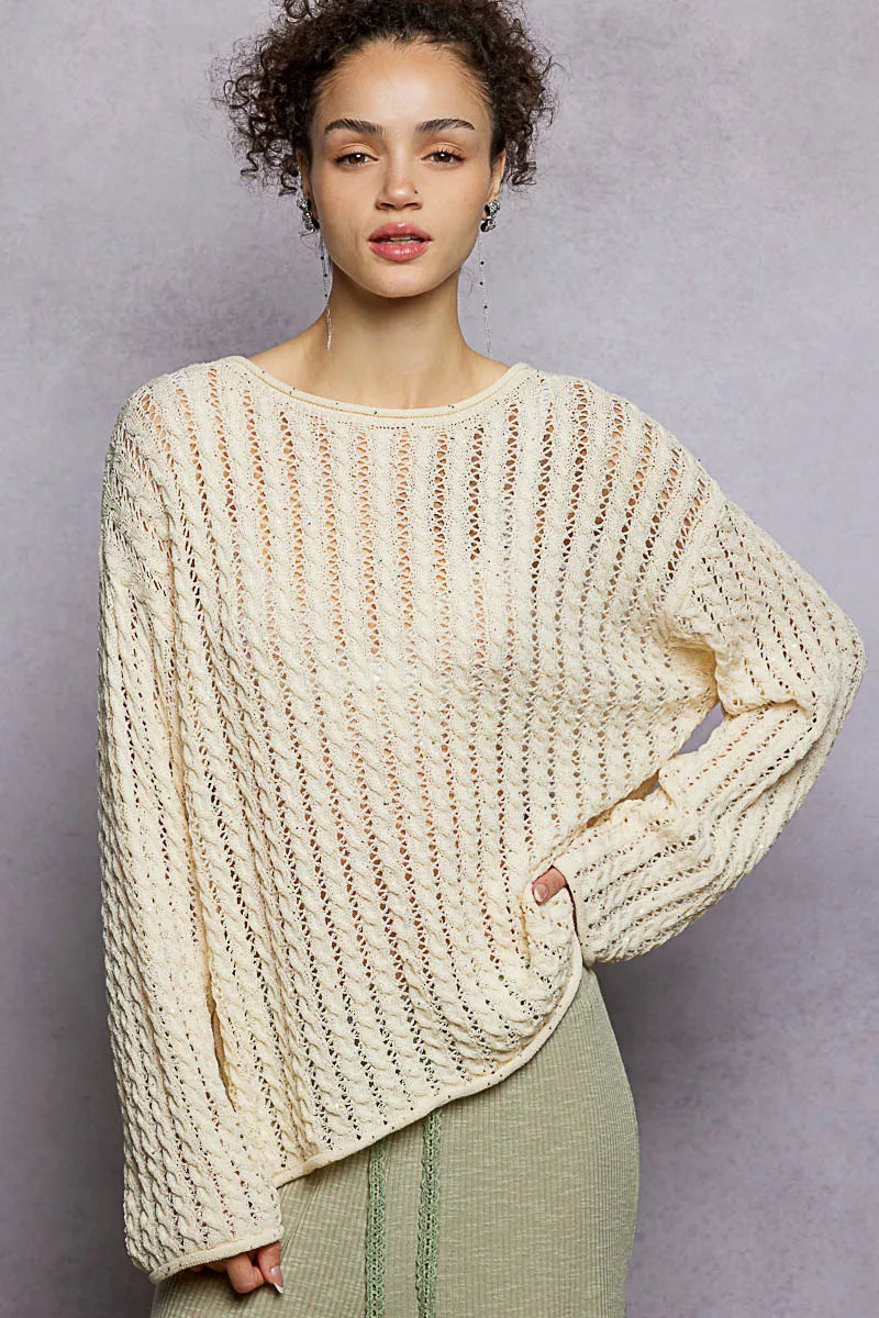 Openwork Round Neck Knit Top in Natural by POL