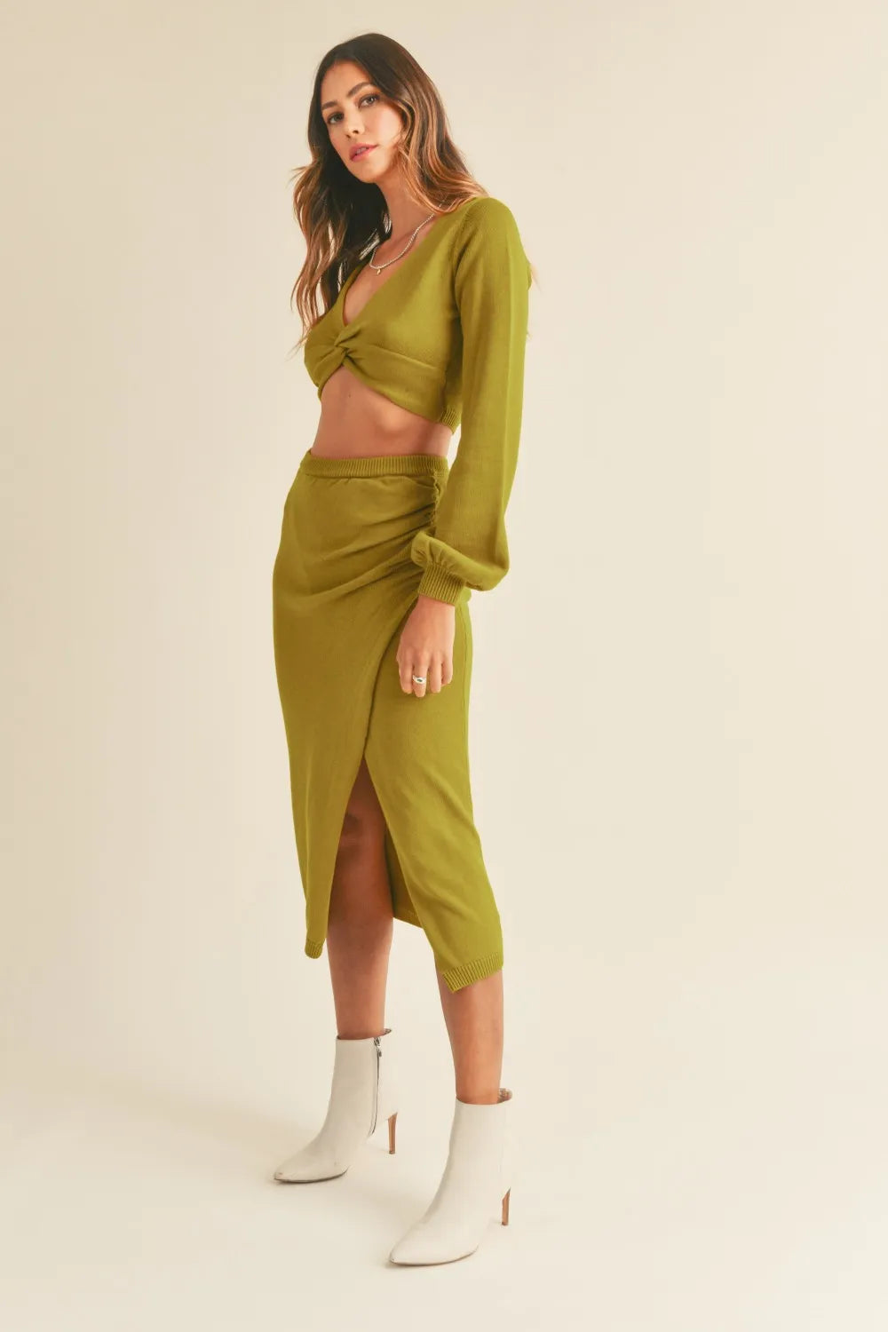 Front Twist Knit Top and Midi Skirt Set in Moss Green