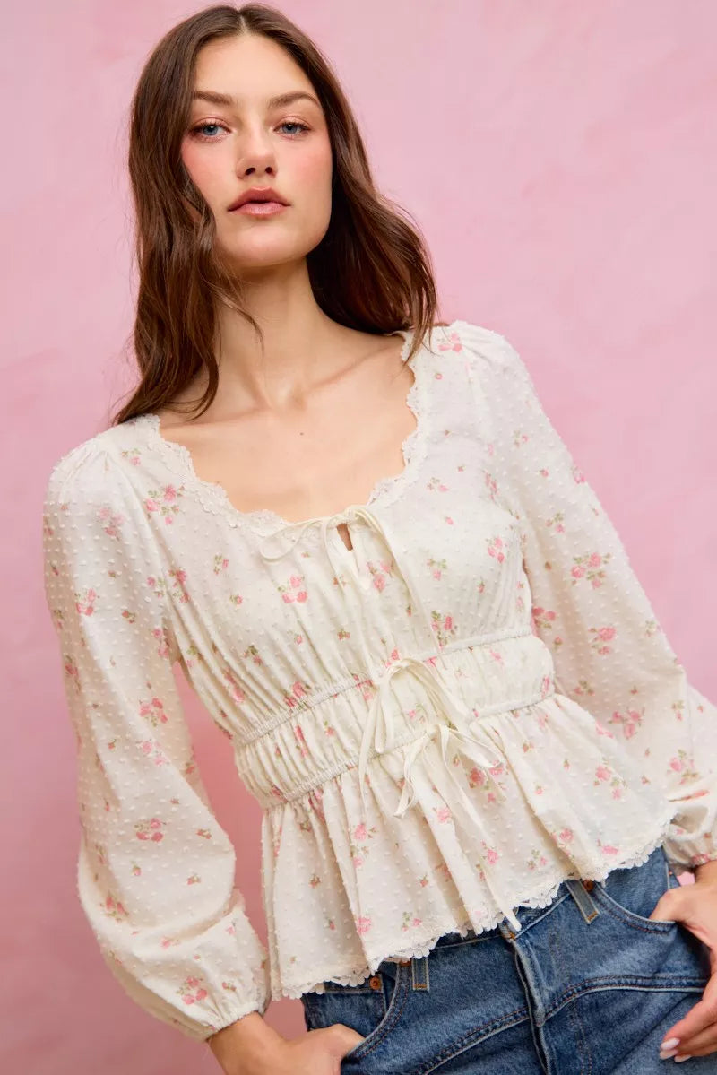 So Me Floral Clip Dot Lace Trim Blouse in White