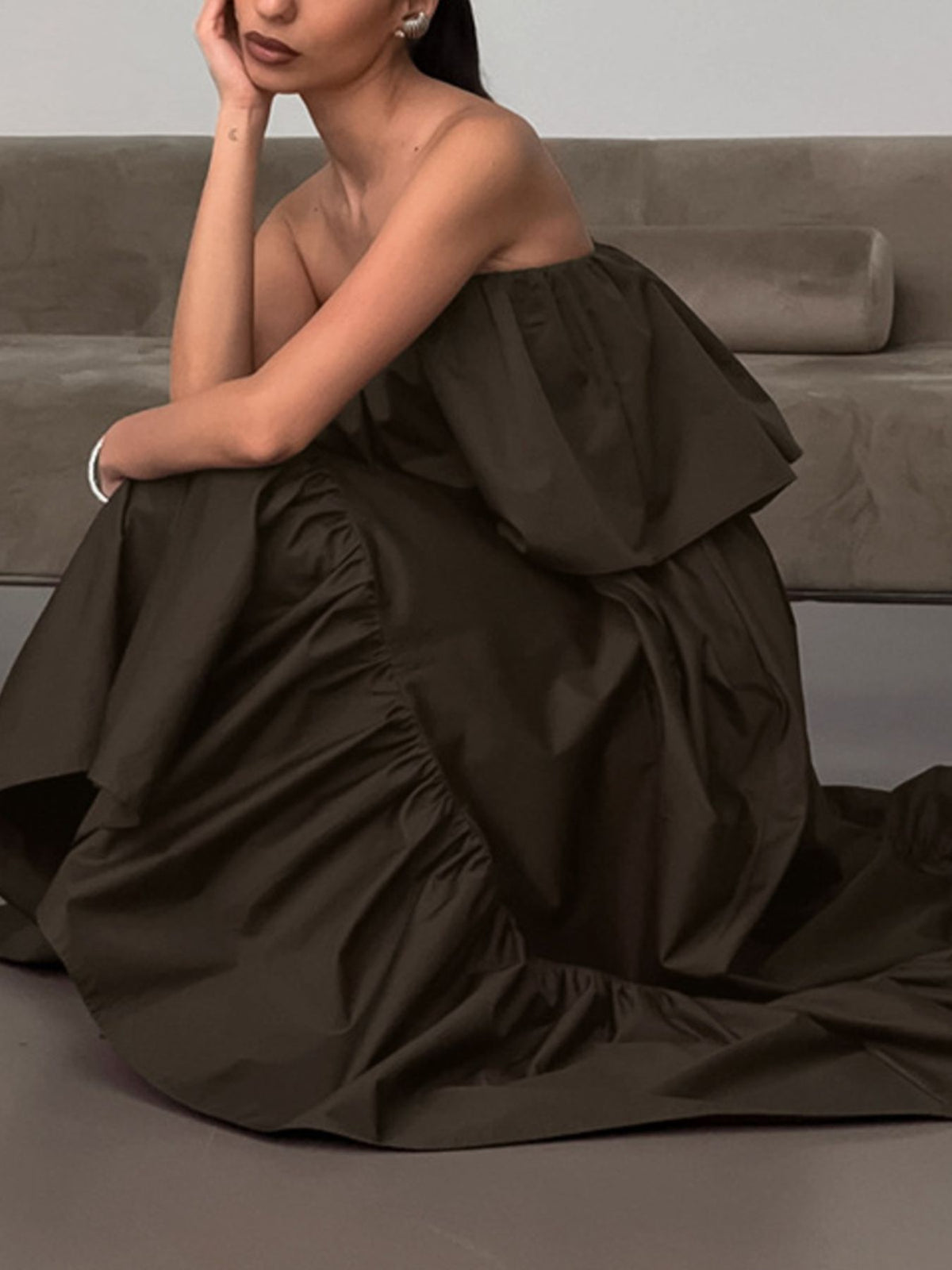 Off-Shoulder Tiered Maxi Dress in Chocolate