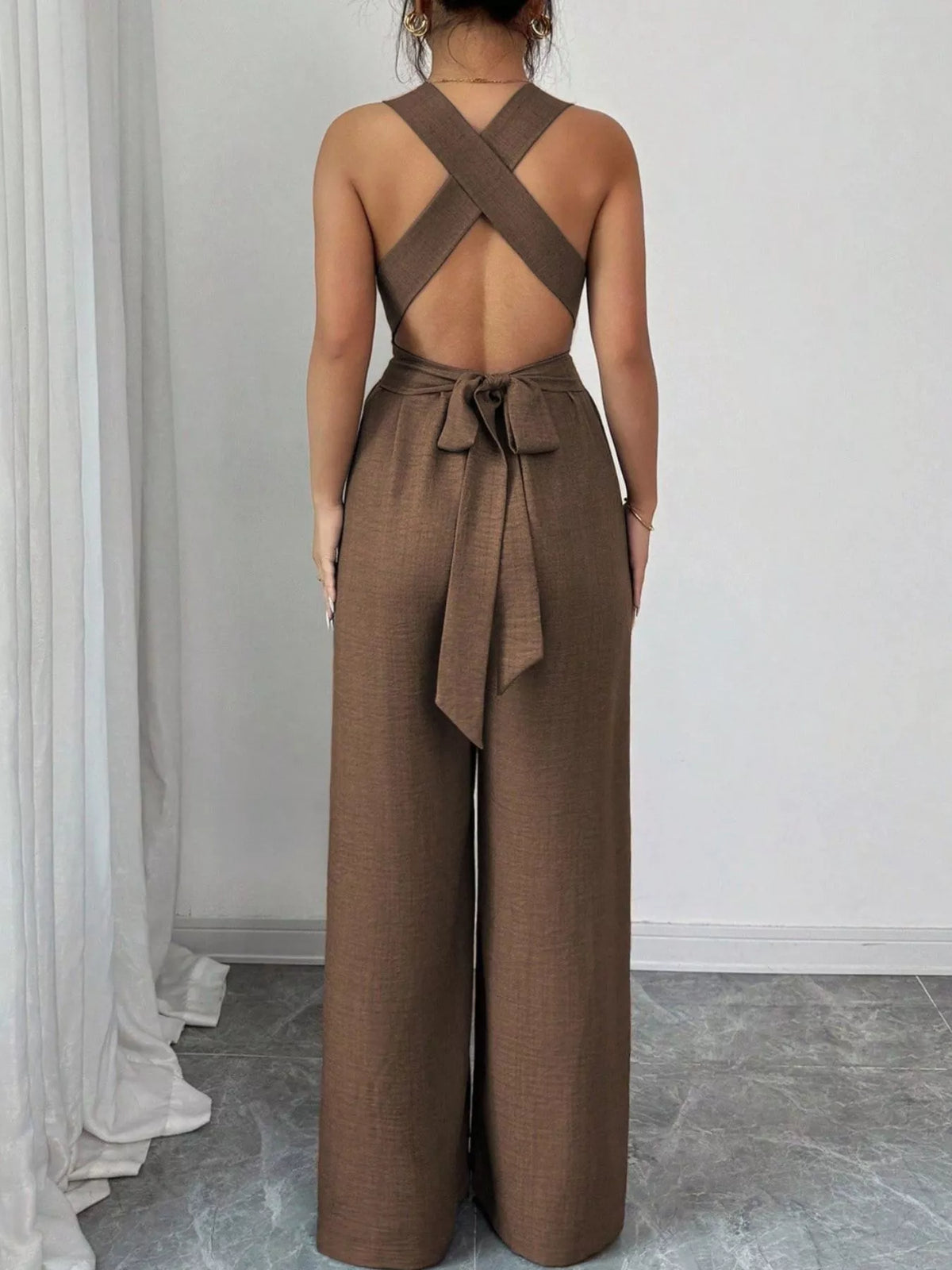 Sleeveless V-Neck Wide-Leg Jumpsuit with O-Ring Detail