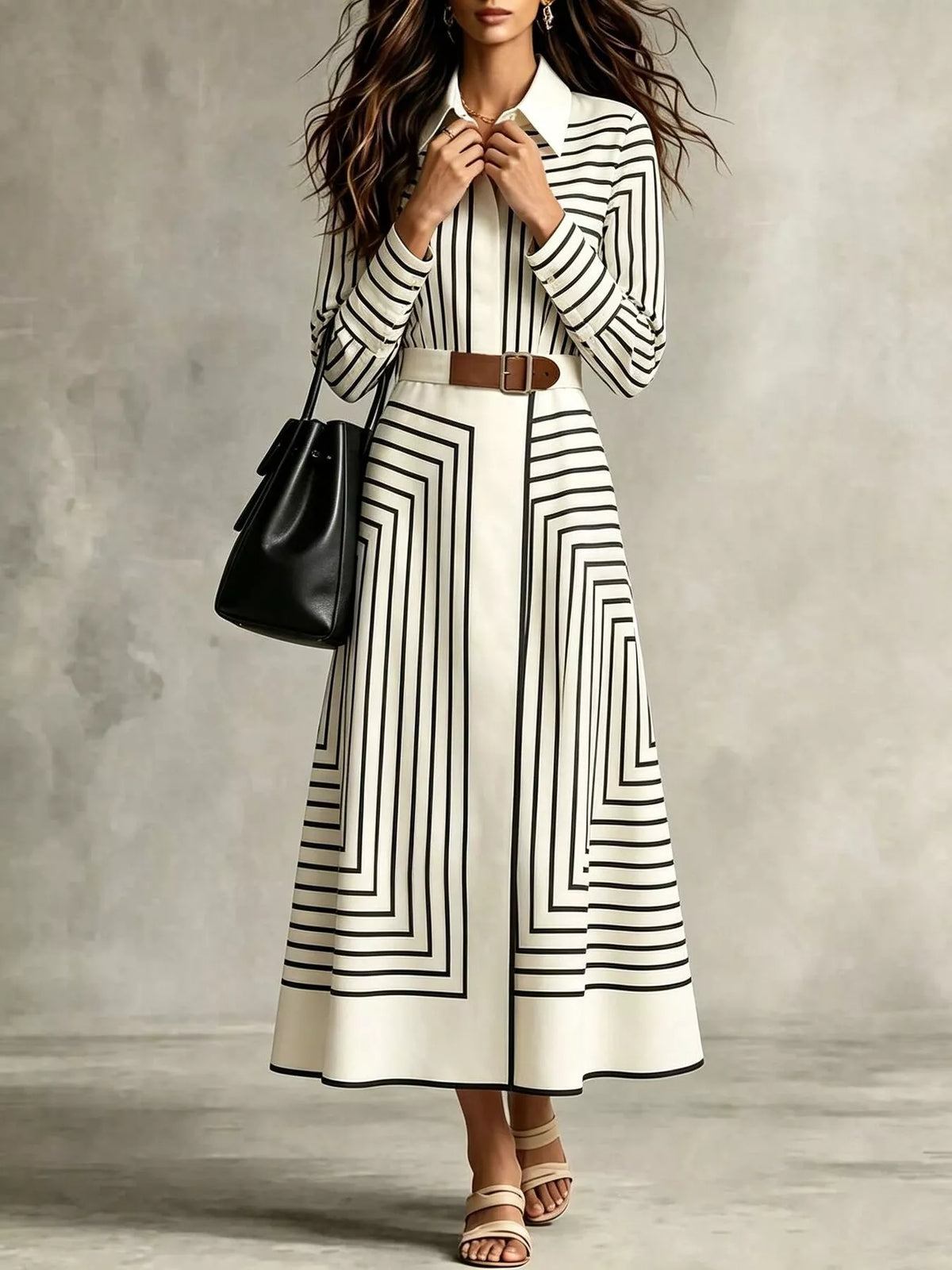 Geometric Striped Midi Shirt Dress in White