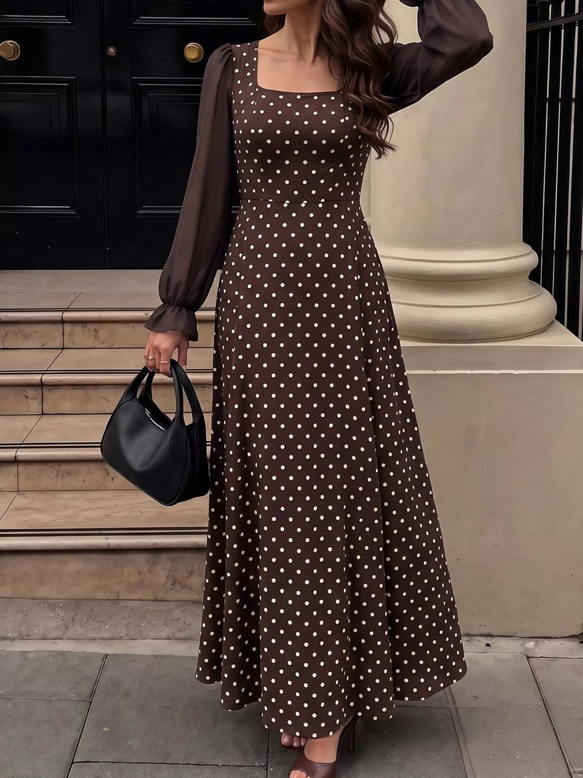 Polka Dot Square Neck Maxi Dress in Brown