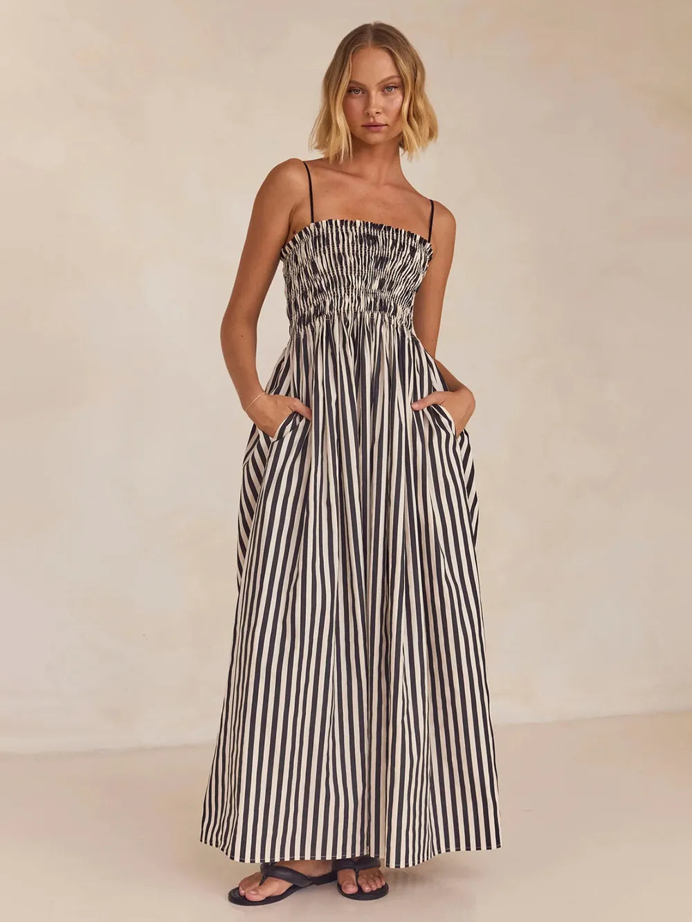 Smocked Square-Neck Cami Dress in Black & White Stripe in Black/White