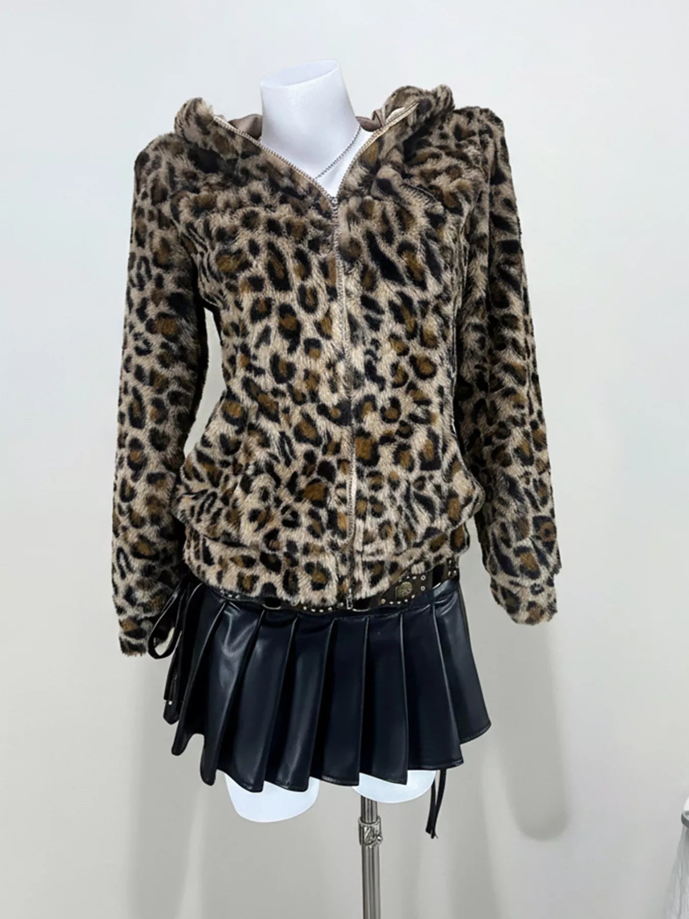 Leopard Plush Hooded Zip-Up Jacket in Brown