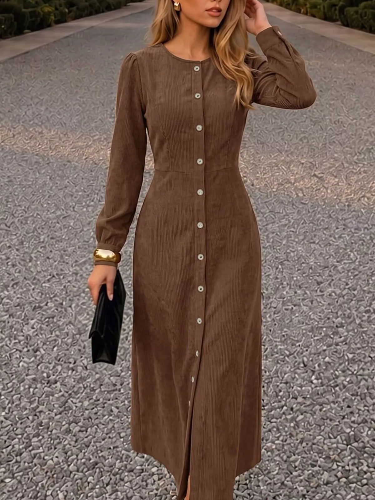 Corduroy Button-Down Maxi Dress in Coffee Brown