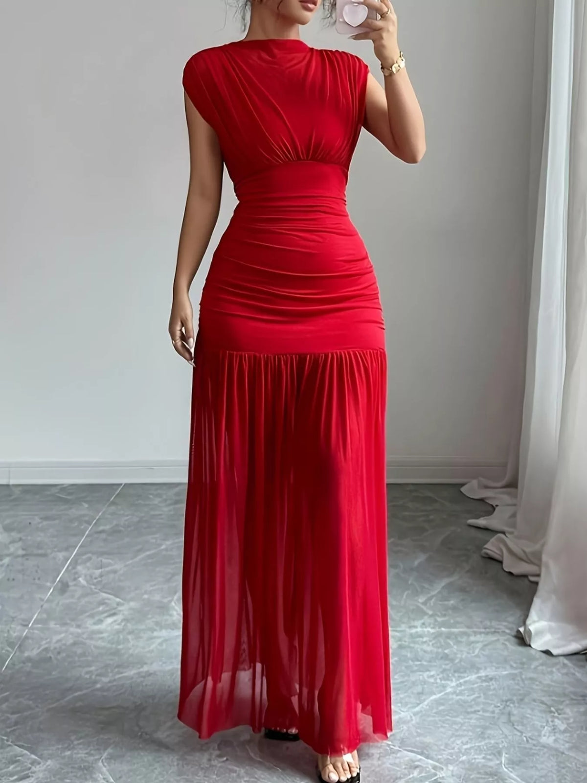 Ruched Cap Sleeve Maxi Dress in Red