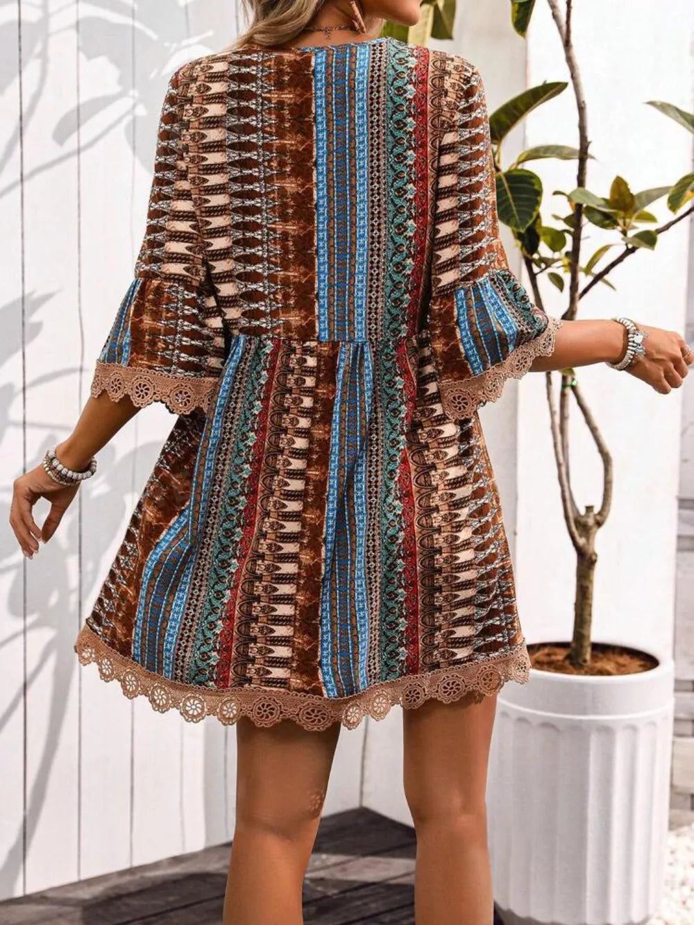 Lace-Trim Printed V-Neck Dress