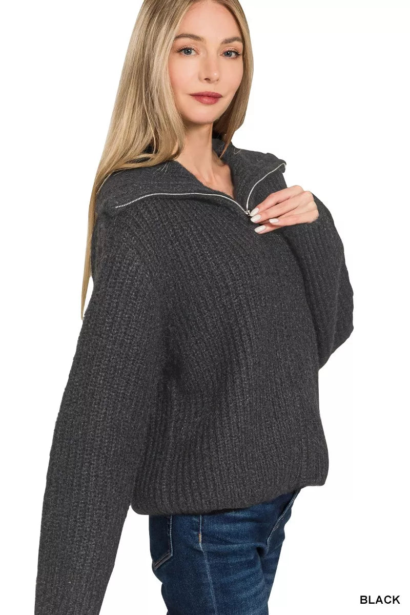 Zenana High Neck Full-Zip Cardigan in Black