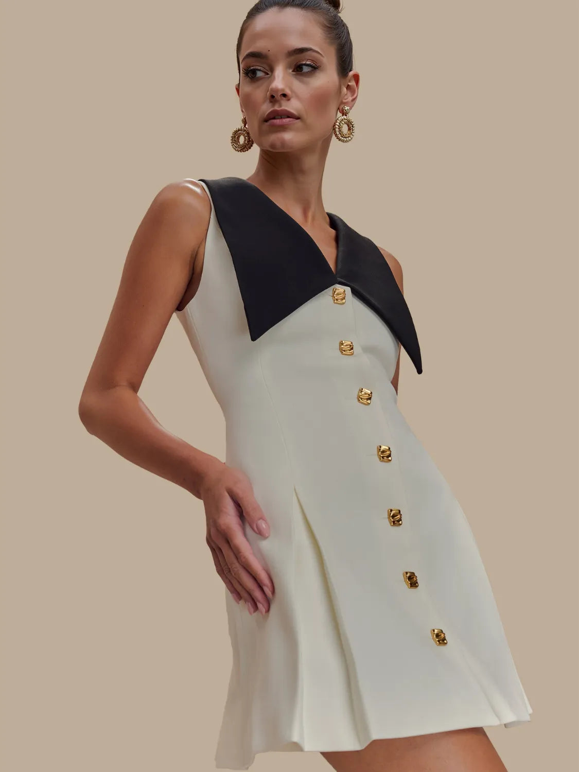 Button Front Sleeveless Mini Dress in Cream