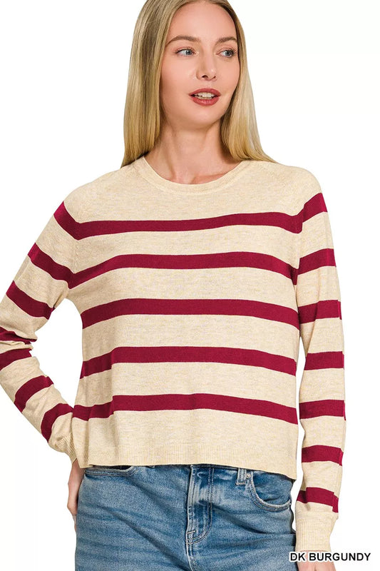 Zenana Striped Round Neck Sweater in Dark Burgundy in Dk burgundy