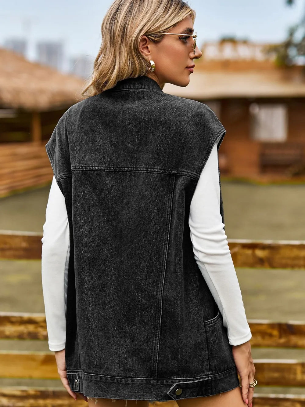 Collared Sleeveless Denim Jacket with Button-Up Front by Manny