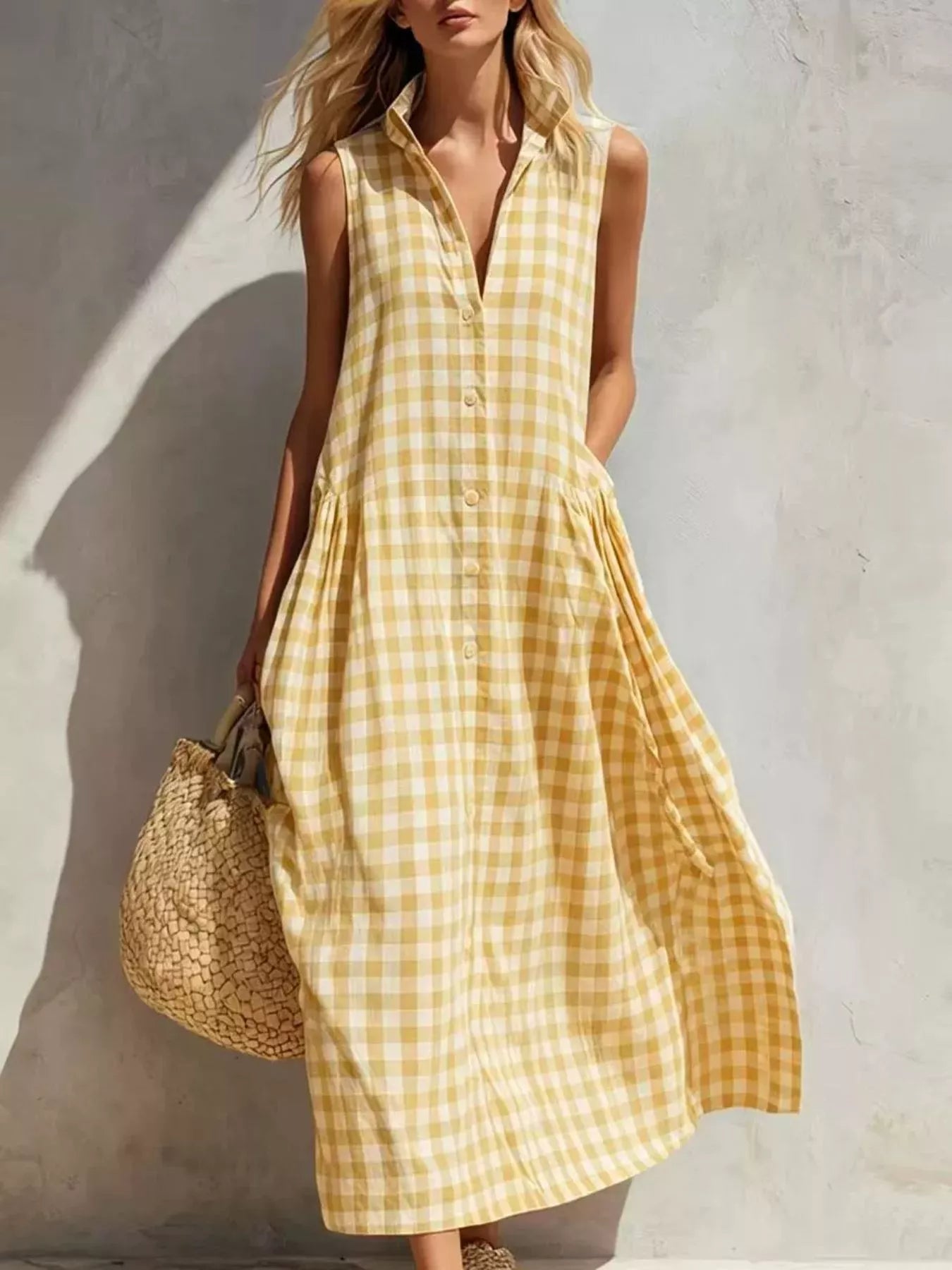 Gingham Button-Down Midi Dress