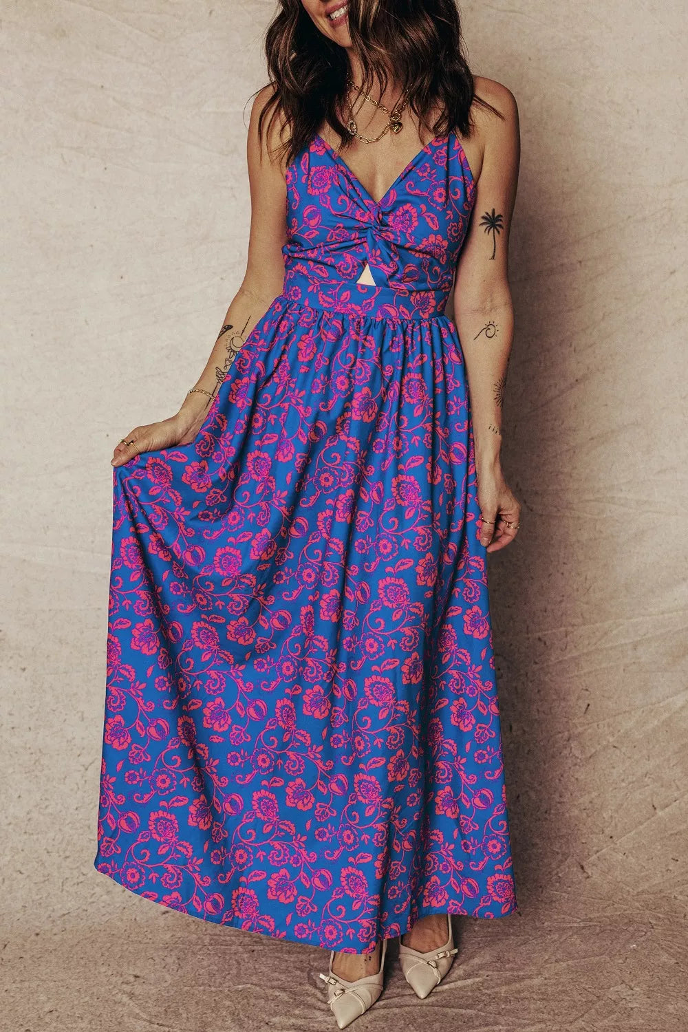 Floral Twisted V-Neck Backless Maxi Dress in Purple