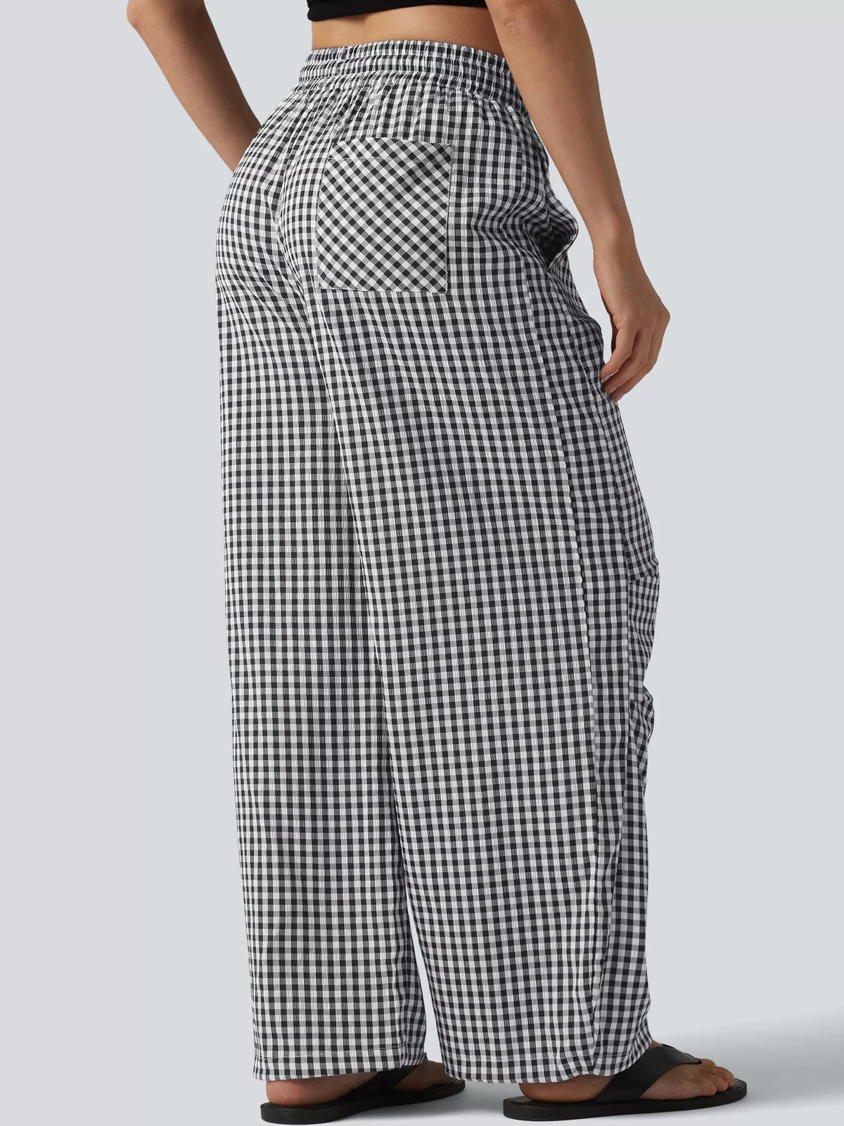 High-Waisted Gingham Drawstring Wide-Leg Pants