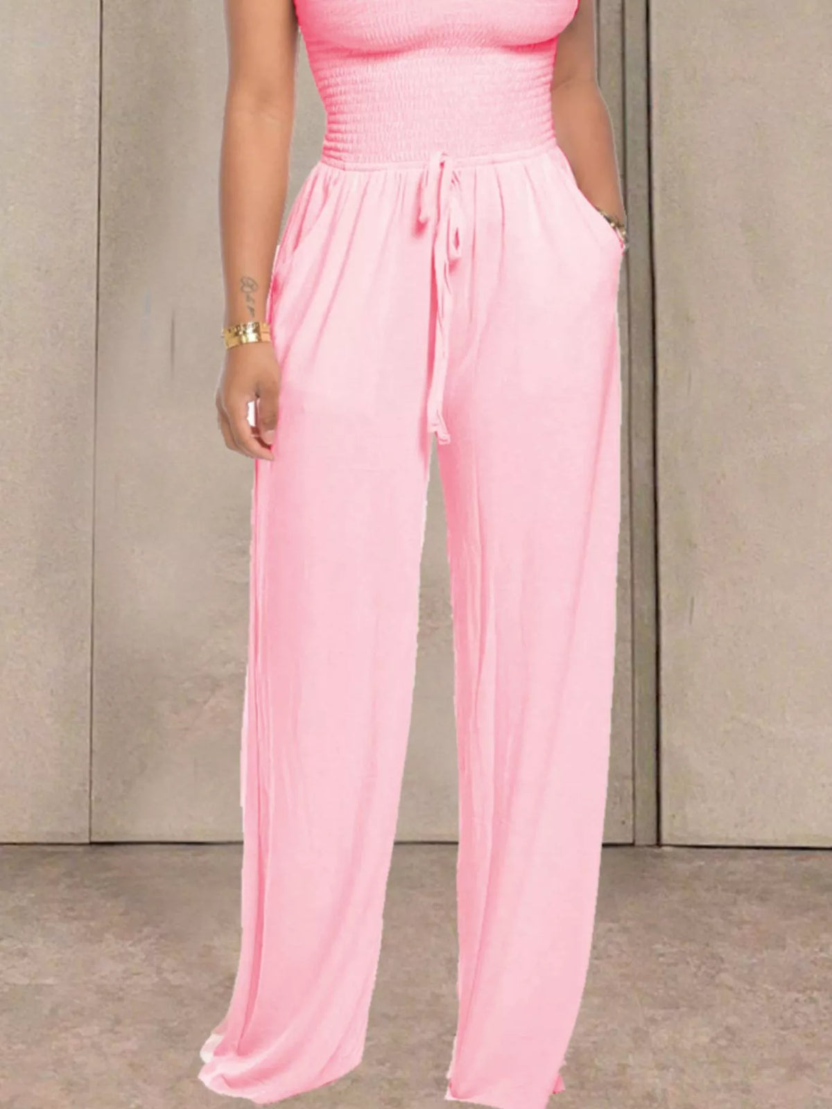 Smocked Strapless Wide-Leg Jumpsuit