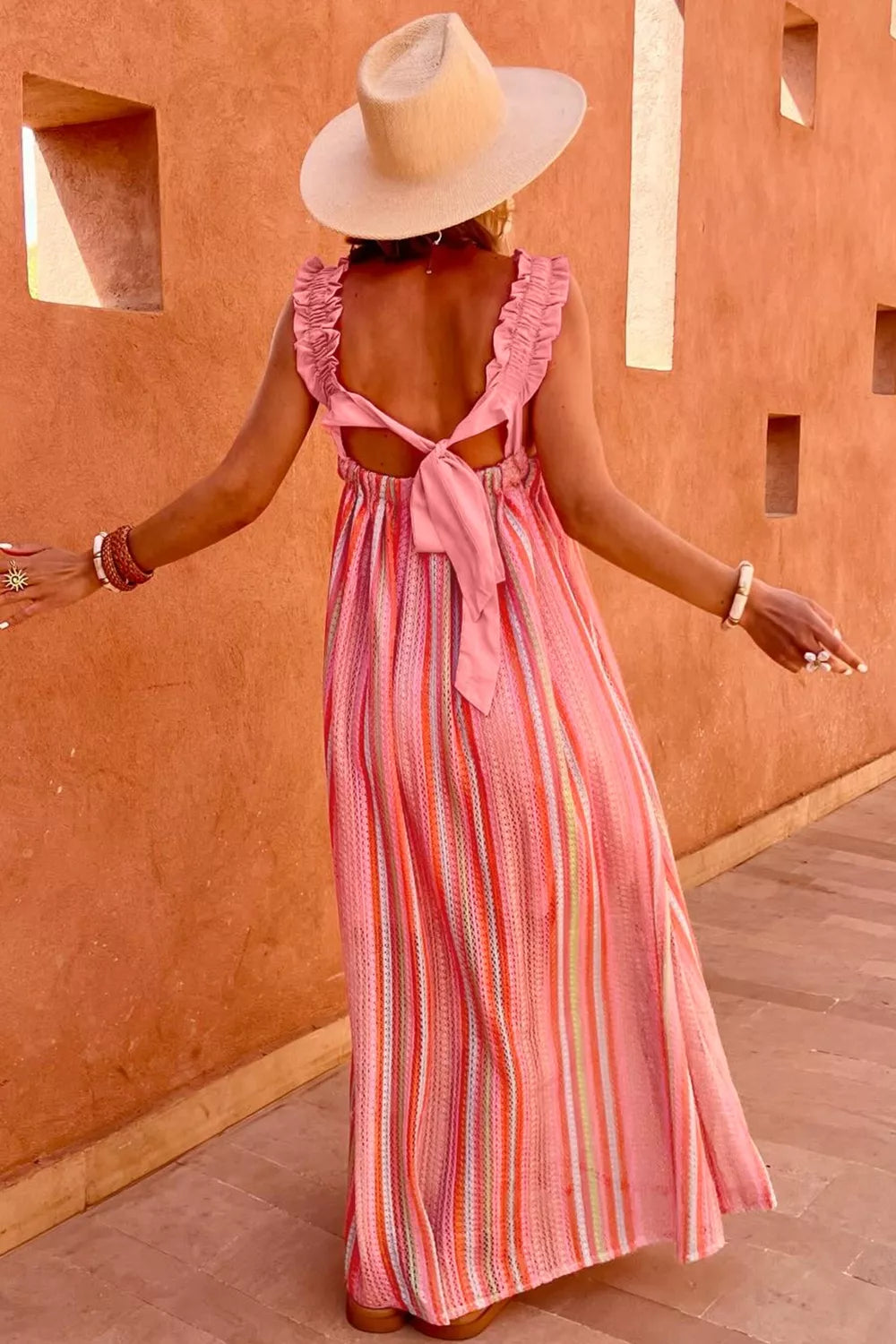 Striped Ribbon-Tie Maxi Dress in Burnt Coral
