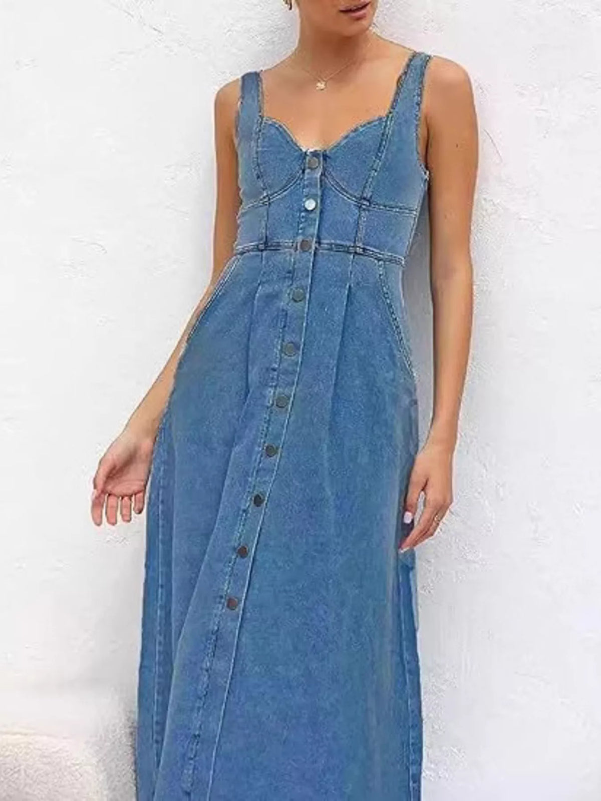 Smocked Back Button-Front Denim Midi Dress