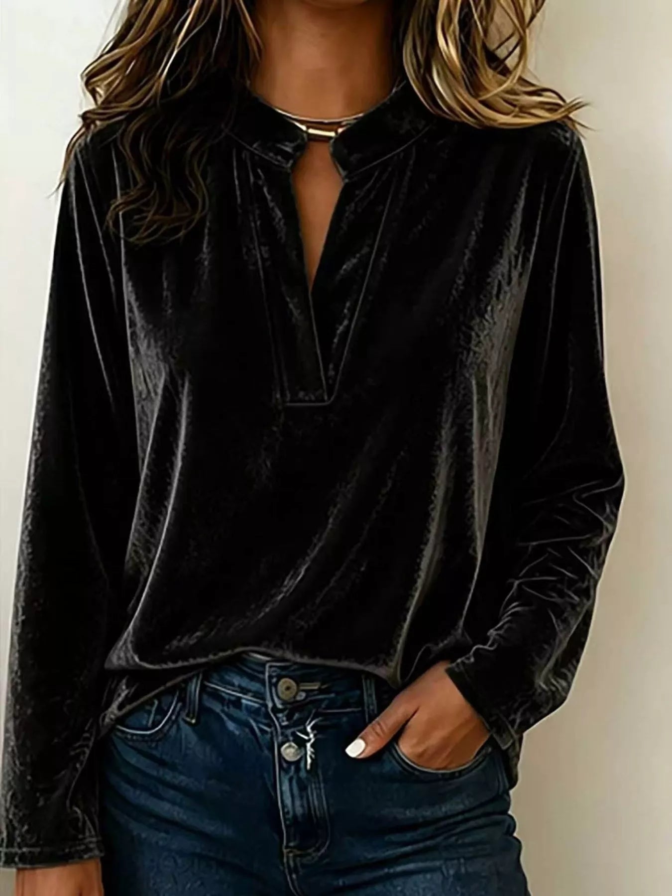 Velvet Notched Long Sleeve Blouse