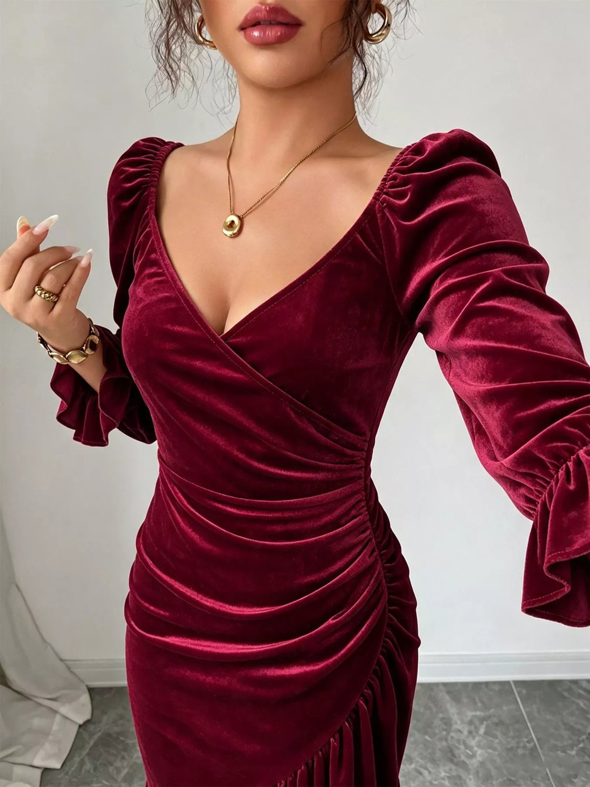 Velvet Ruched Ruffle Hem Midi Dress in Burgundy