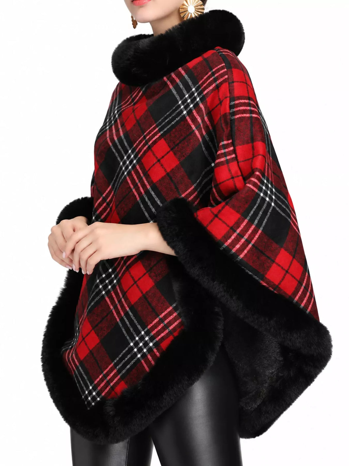 Plaid Faux Fur Trim Poncho Cape